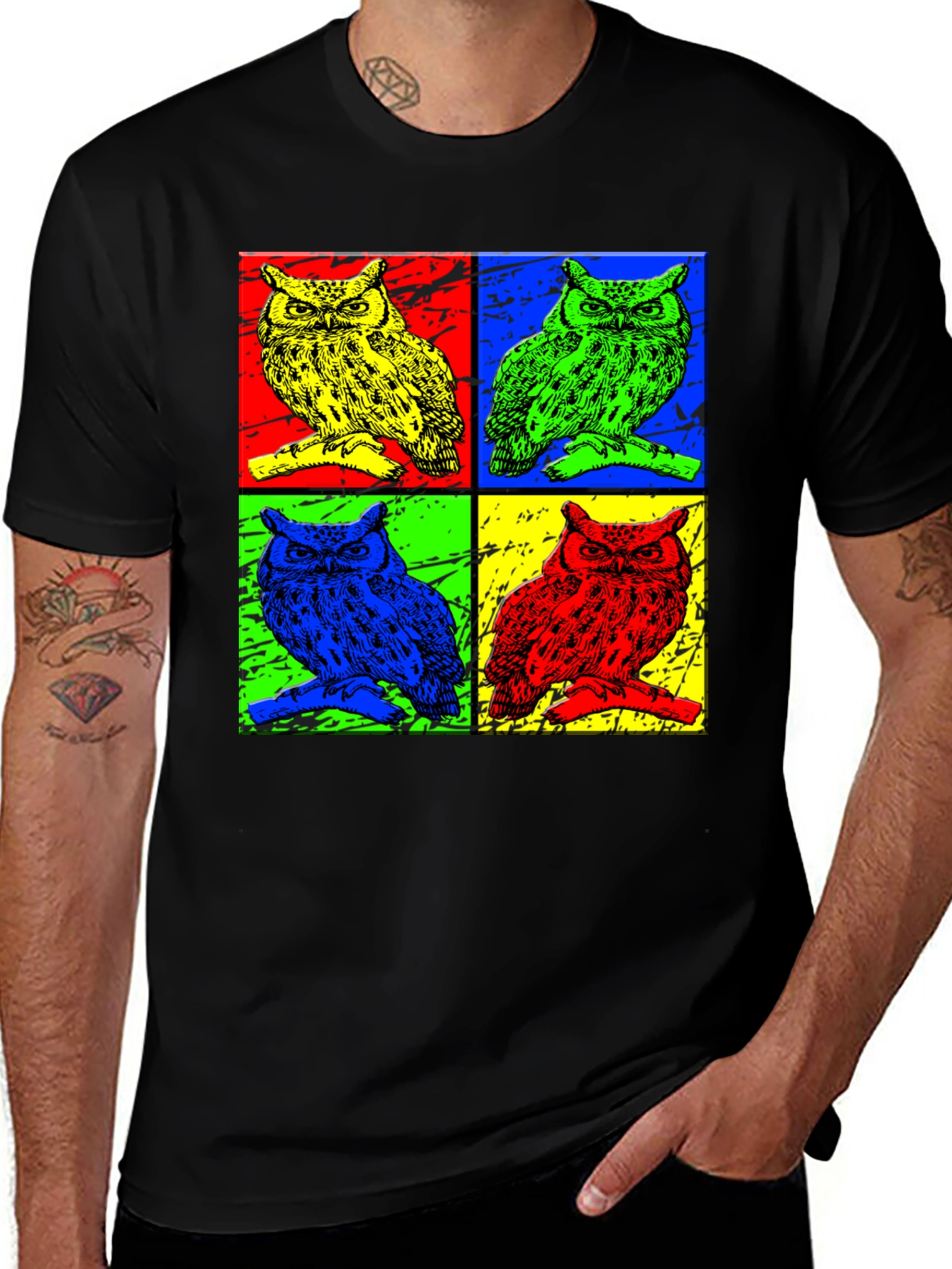 Variant 18 of Pop Art Owl Graphic Tee - Men's Black T-Shirt