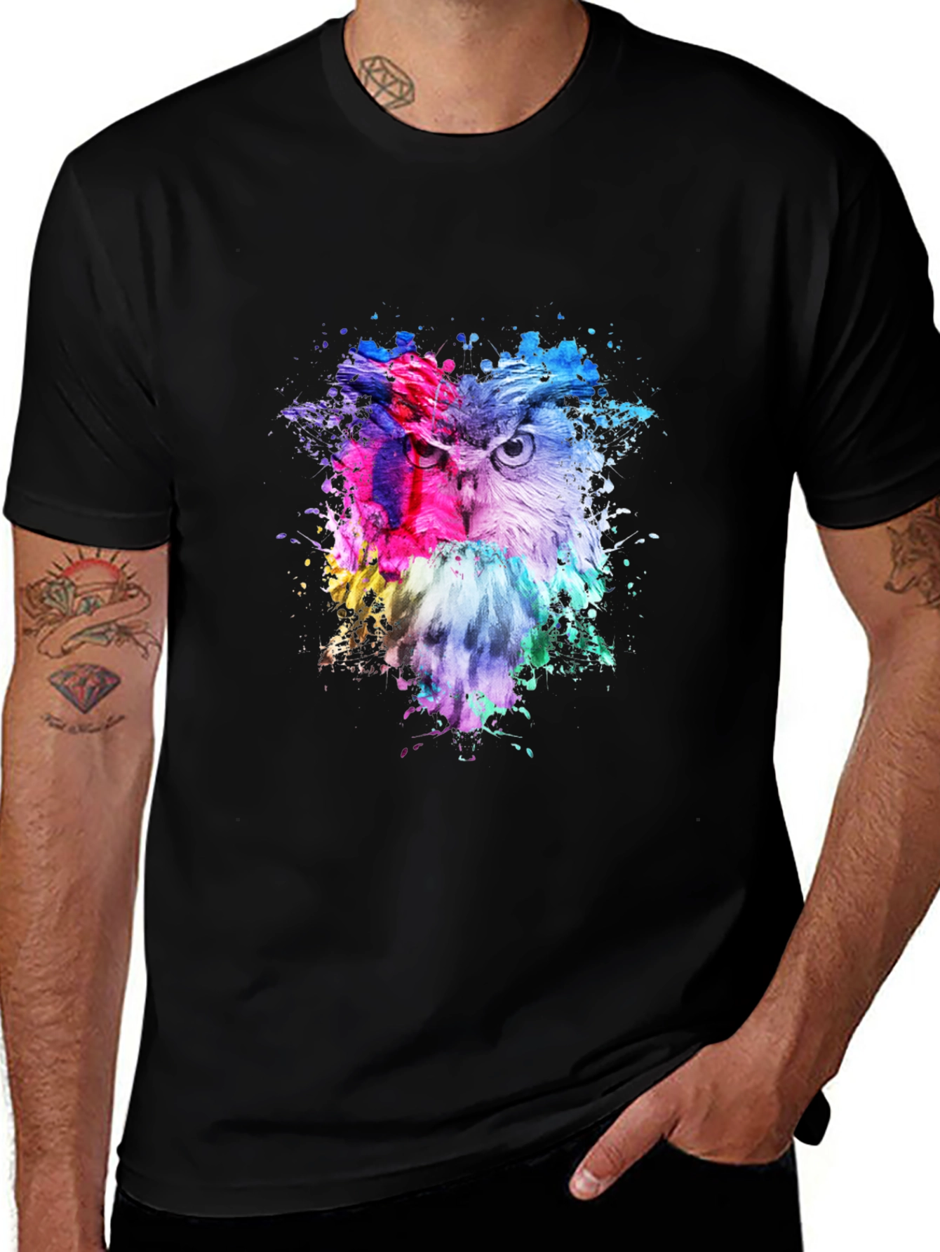 Variant 12 of Colorful Owl Graphic Print Black T-Shirt