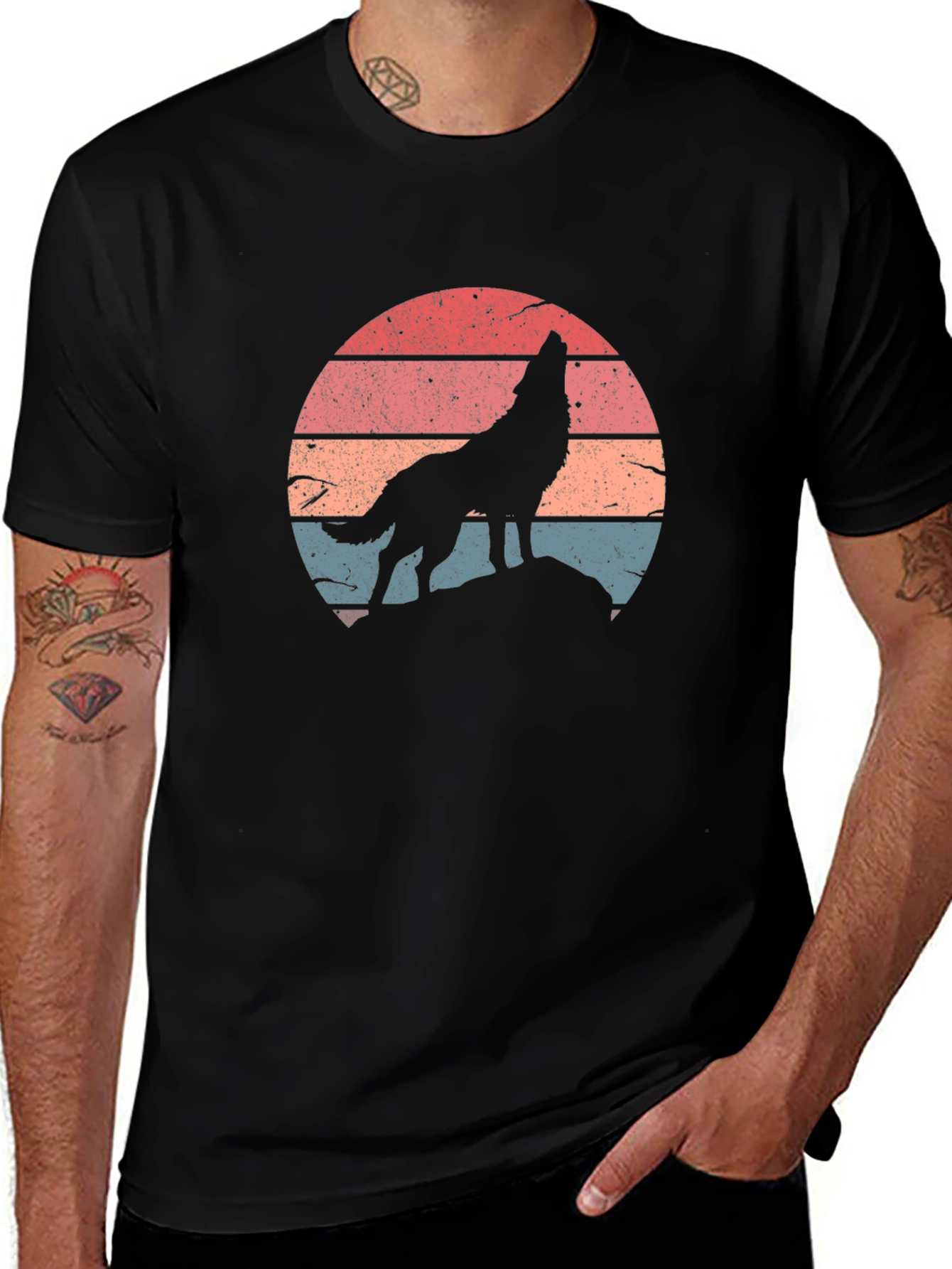 Variant 27 of Retro Wolf Sunset Graphic Tee - Black