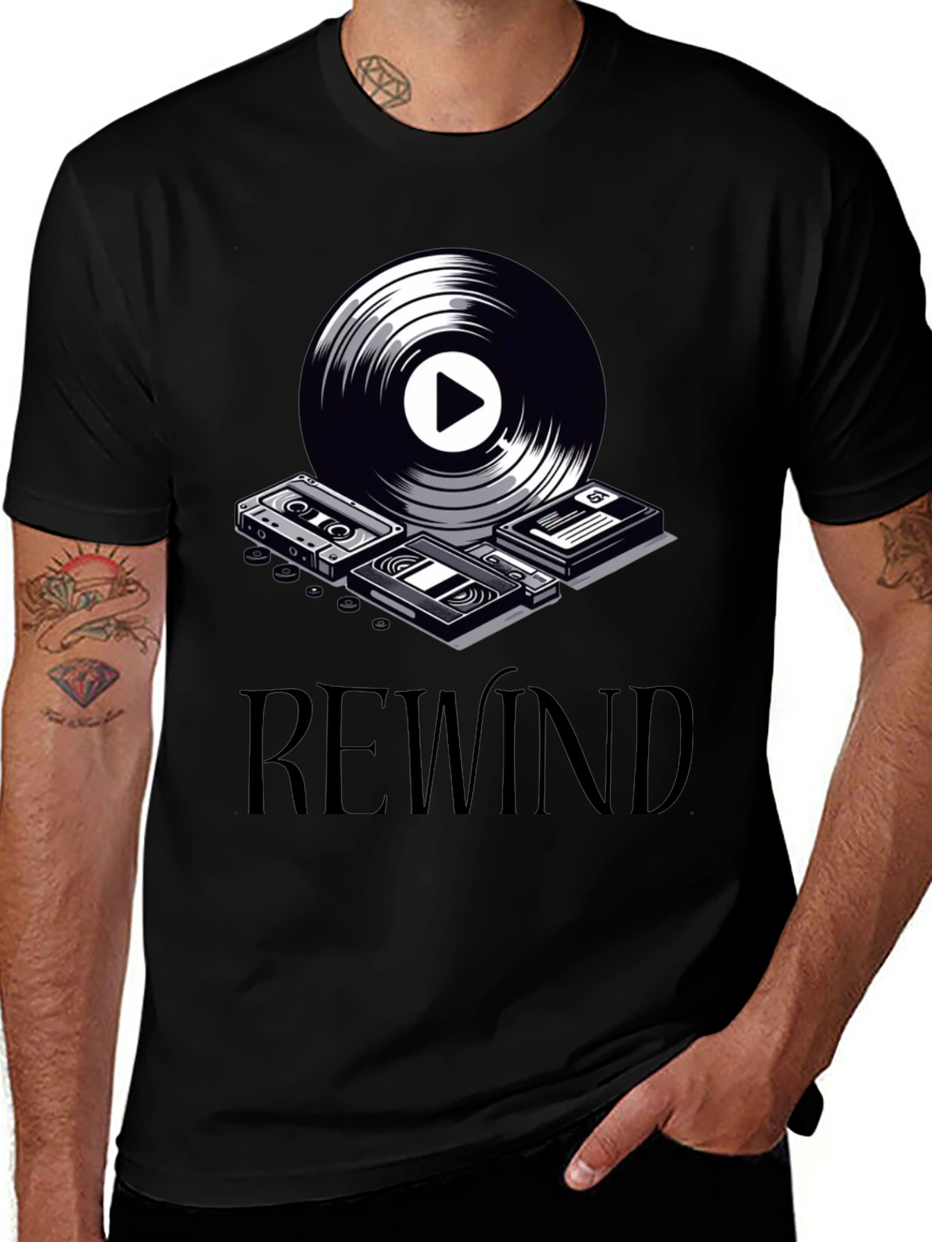 Variant 14 of Rewind Retro Music Graphic Tee - Black