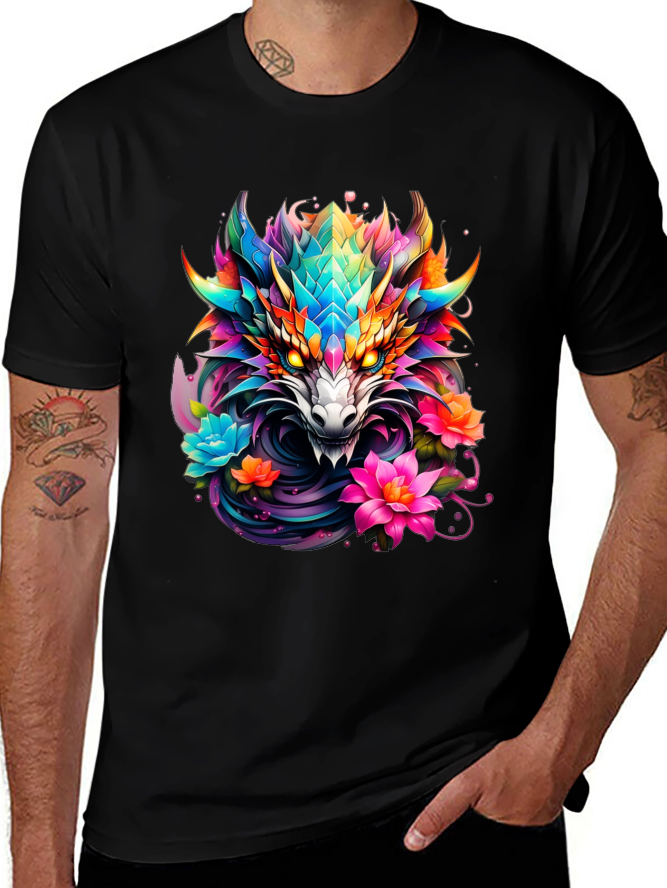 Variant 5 of Dragon Floral Graphic Tee - Men's Black T-Shirt