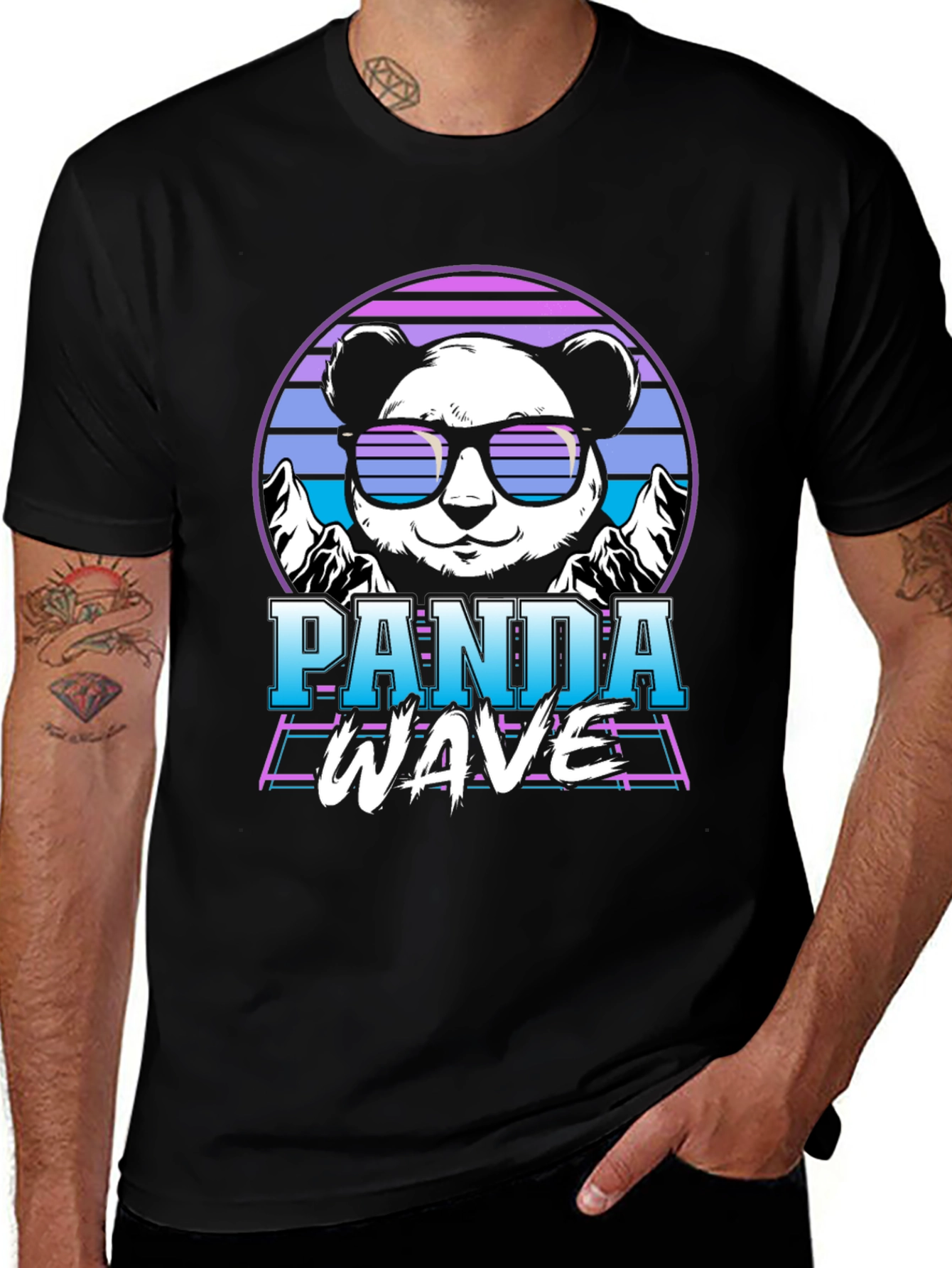 Variant 11 of Retro Panda Wave Graphic Tee - Black Cotton T-Shirt
