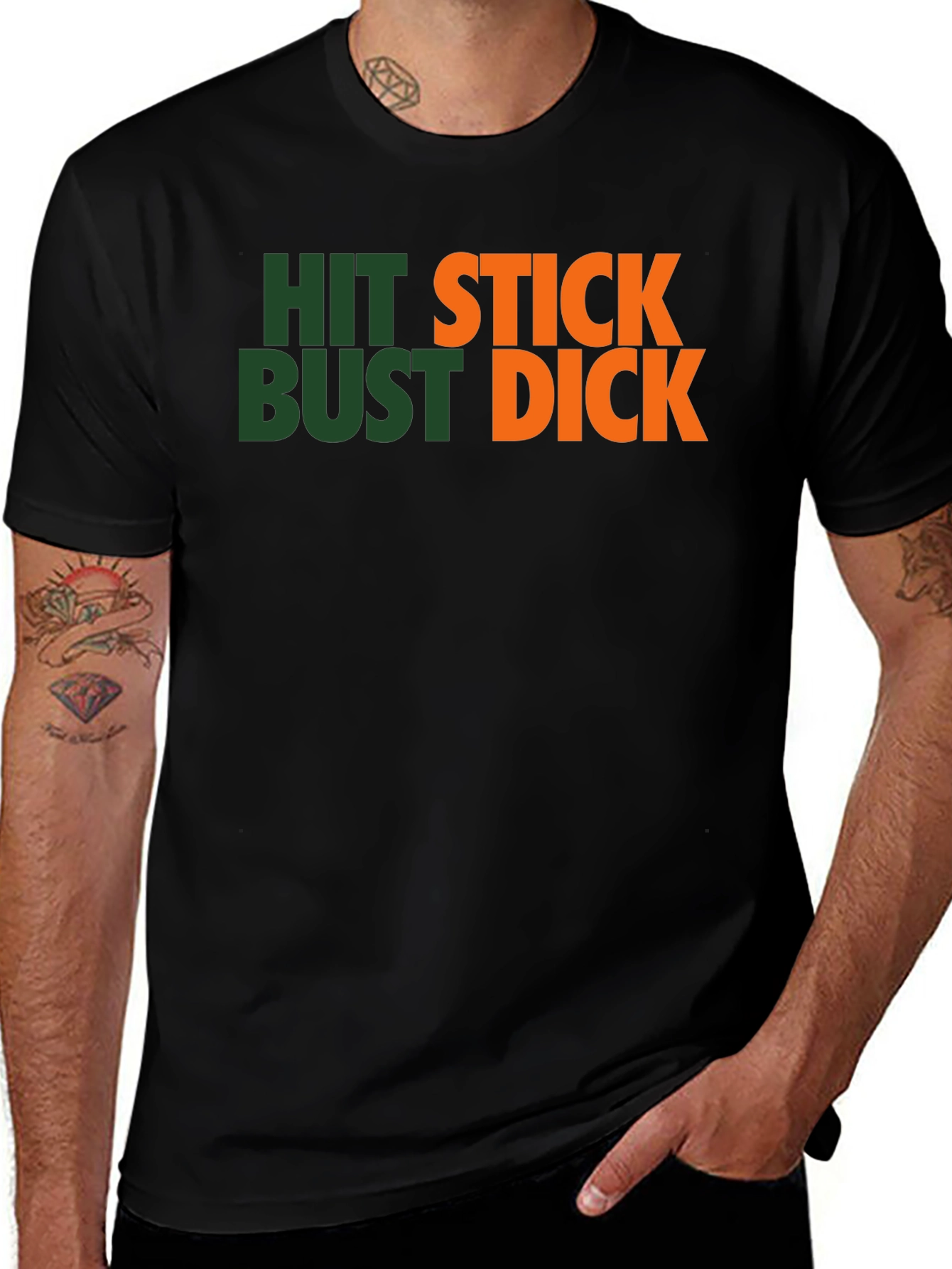Variant 8 of Humorous Graphic Tee: Hit Stick Bust Dick