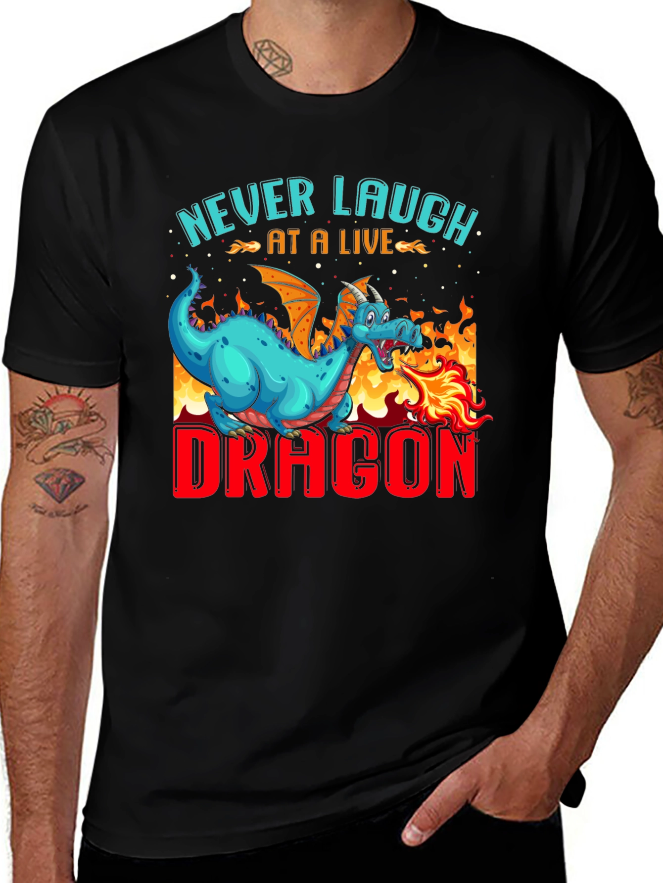 Variant 15 of Never Laugh Dragon Graphic Tee - Black
