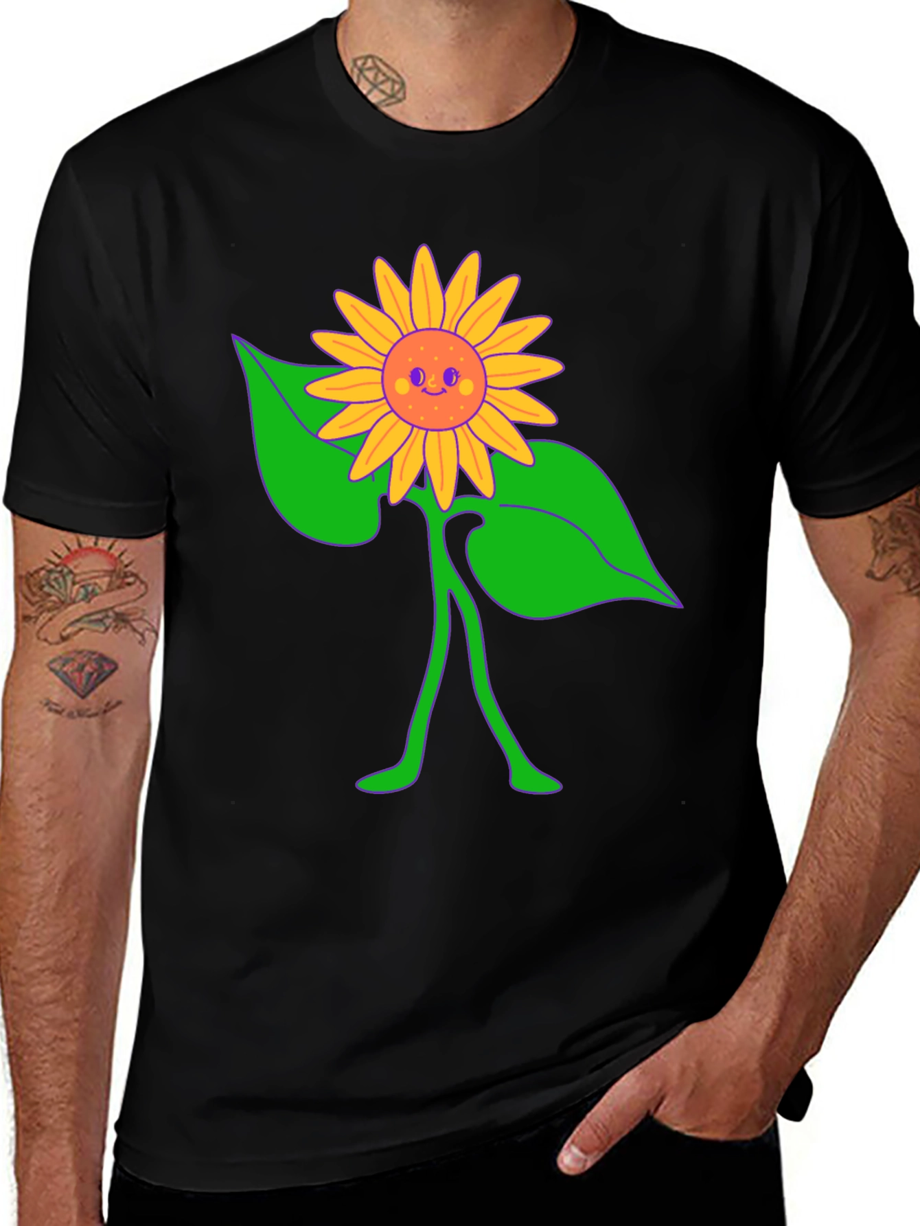 Variant 16 of Groovy Sunflower Graphic Tee - Black Cotton Comfort
