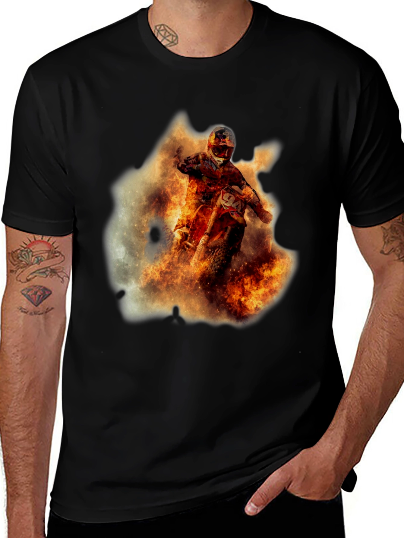 Black Fiery Motocross Rider Graphic Tee main image