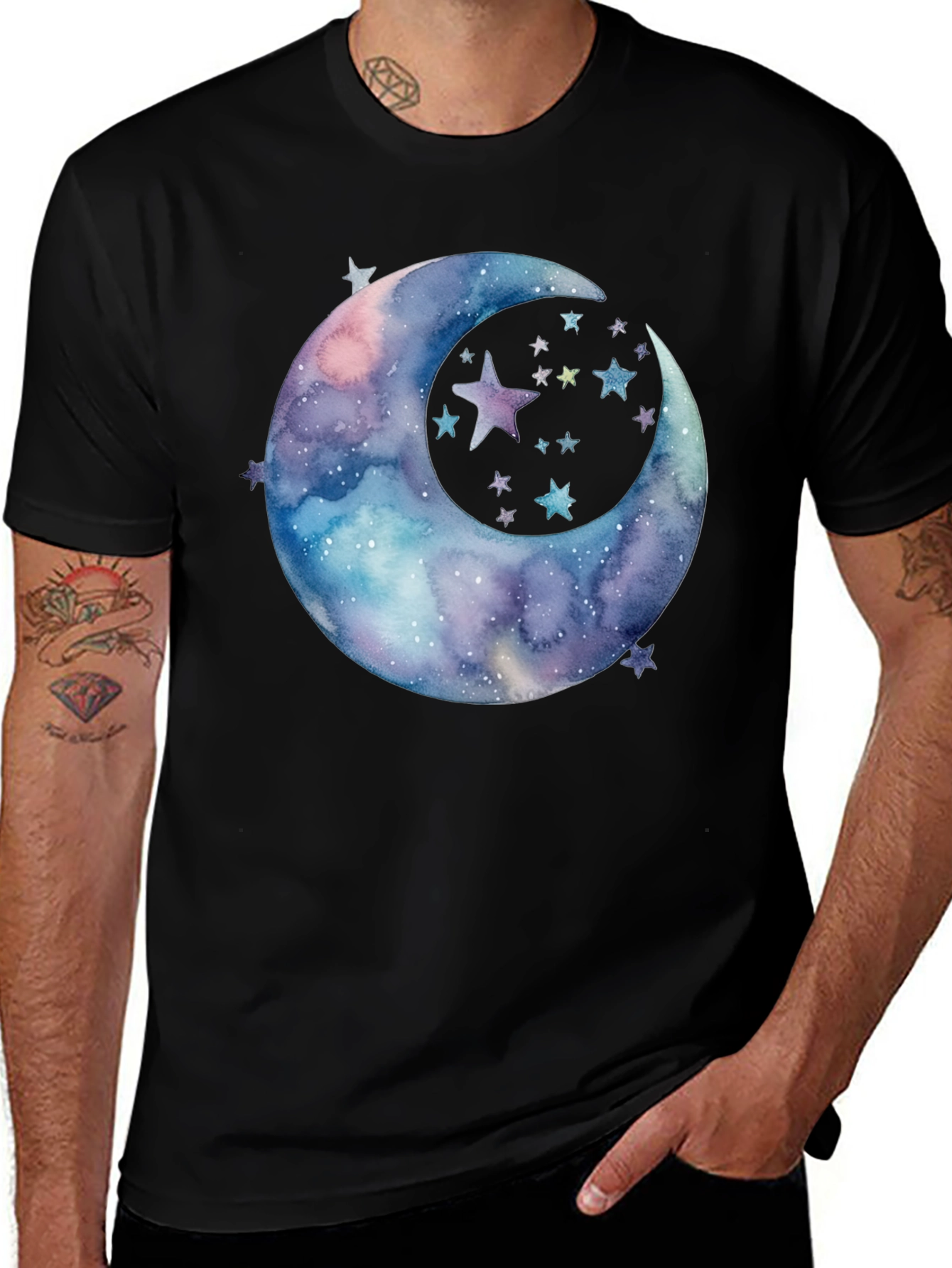 Variant 13 of Watercolor Moon & Stars Graphic Tee - Black Cotton