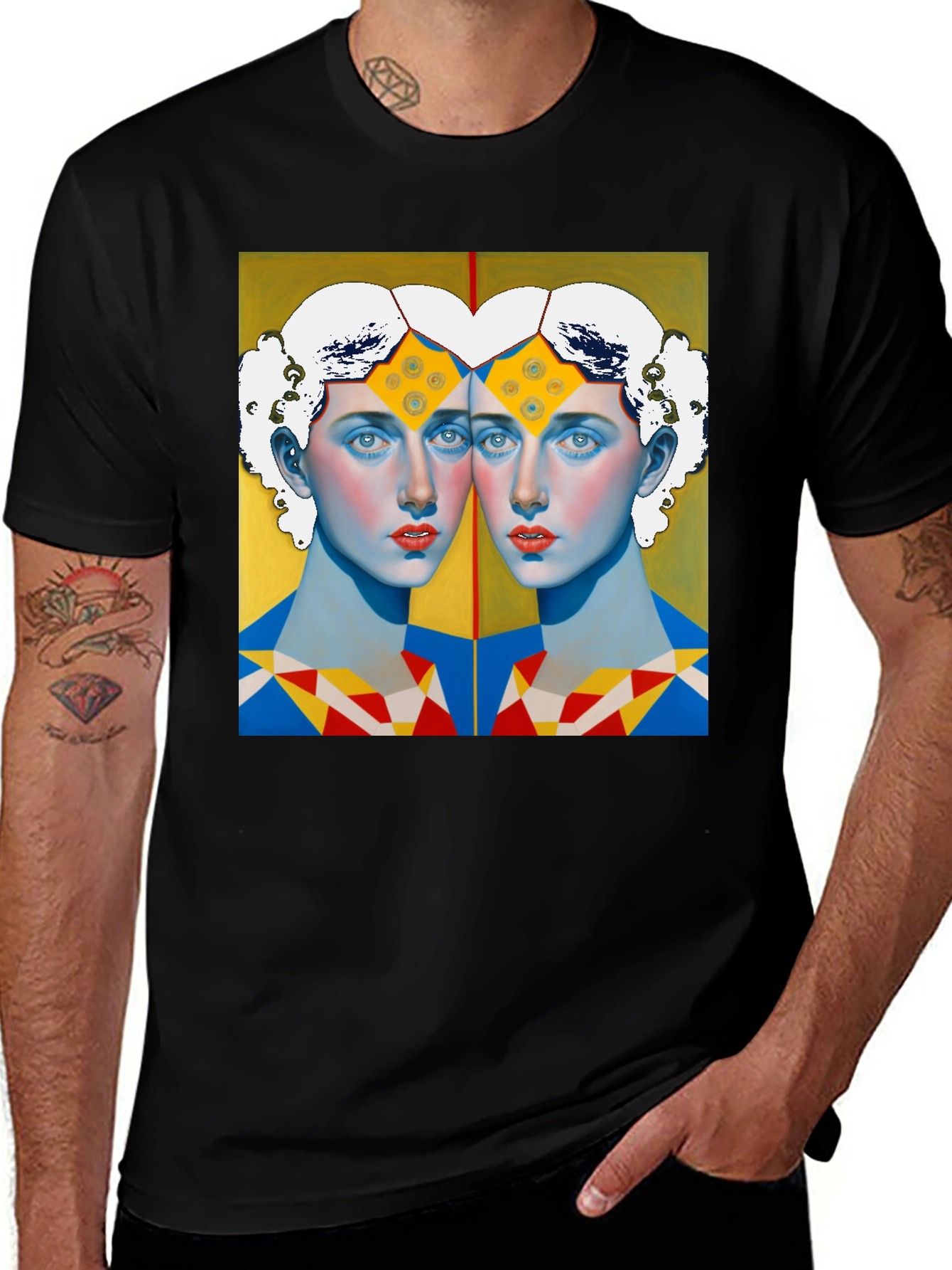 Abstract Twin Portrait Graphic Tee - Unisex Black T-Shirt