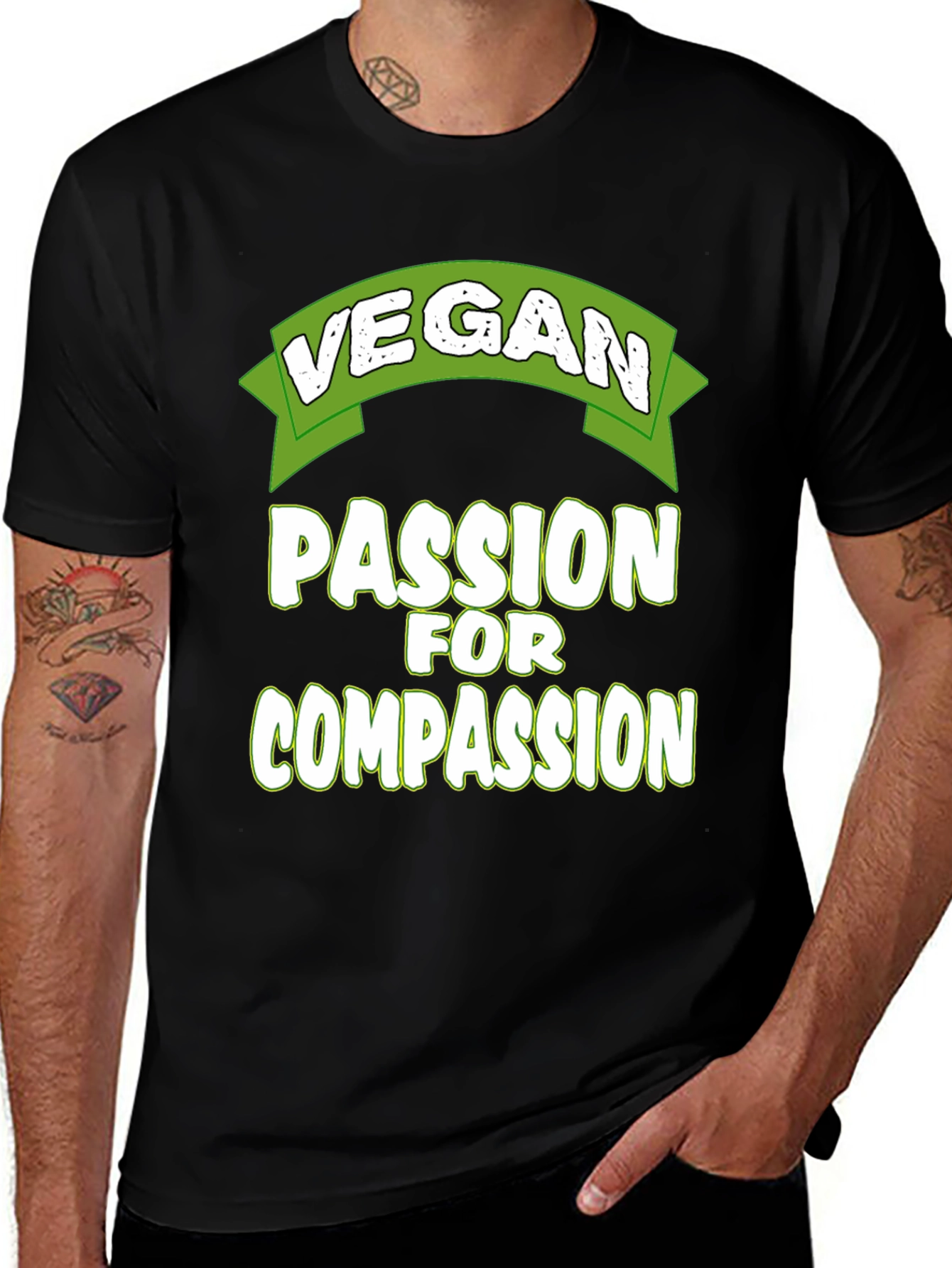 Variant 9 of Vegan Passion for Compassion T-Shirt - Green and White Print