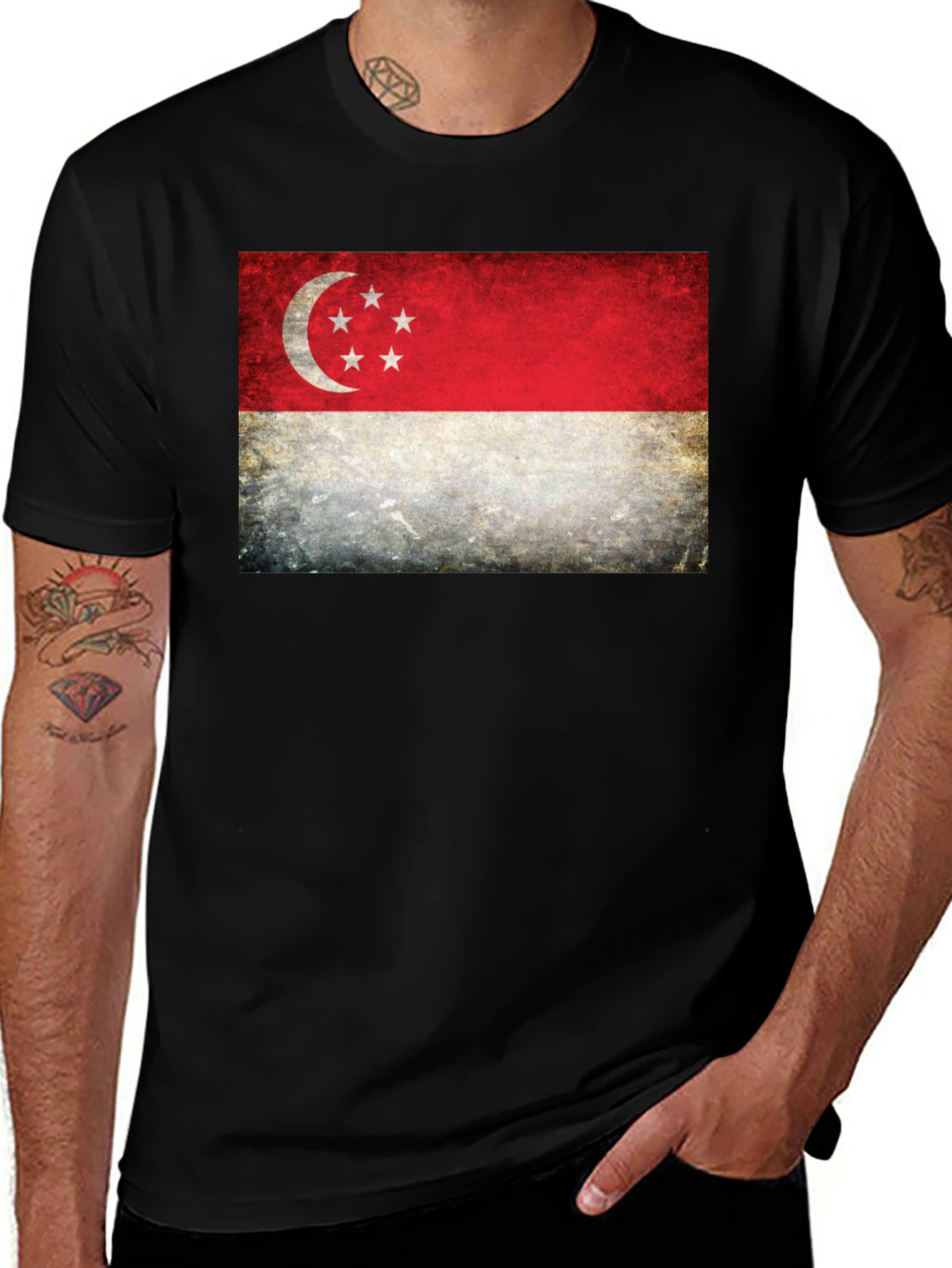 Singapore Flag Graphic T-Shirt - Distressed Look