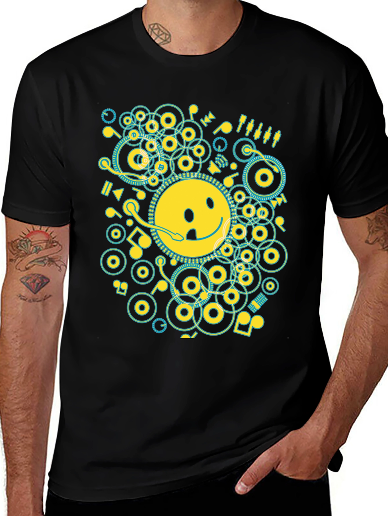 Variant 16 of Smiley Face Music Graphic T-Shirt - Casual Black Tee