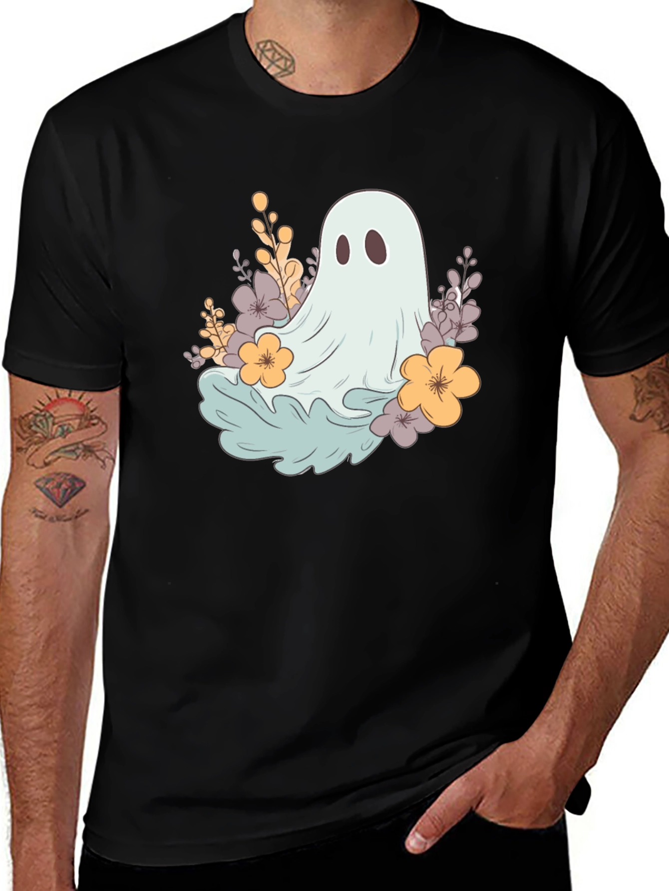 Variant 28 of Ghost & Floral Graphic Tee - Black Cotton Comfort
