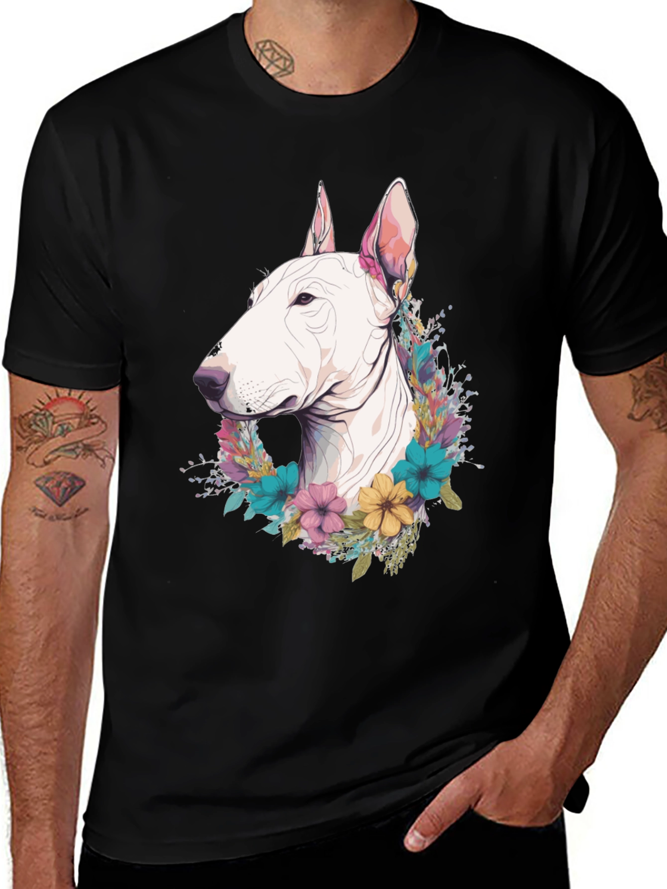 Bull Terrier Floral Wreath T-Shirt - Unique Dog Lover Gift