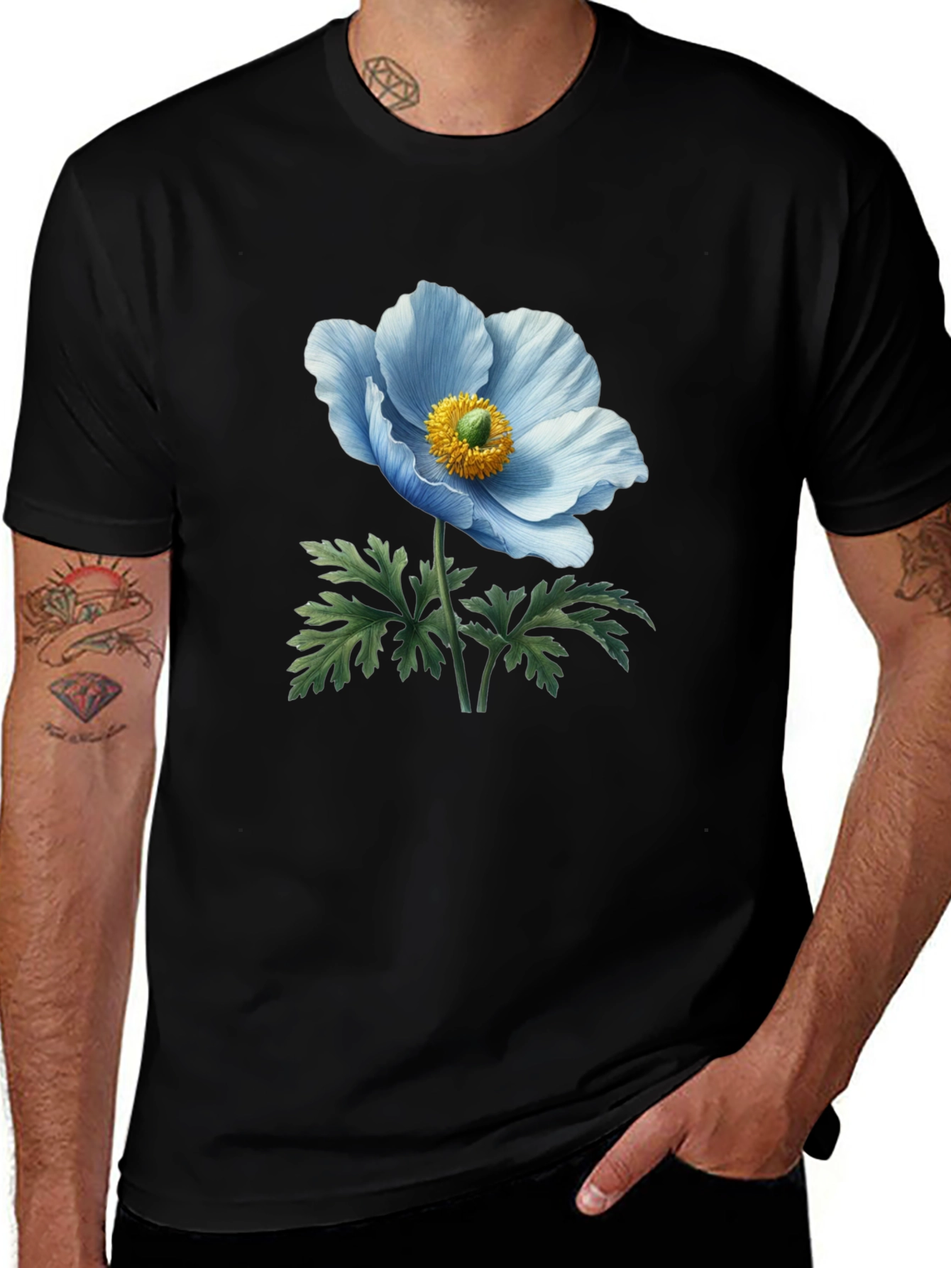Variant 28 of Blue Floral Graphic Print Black T-Shirt