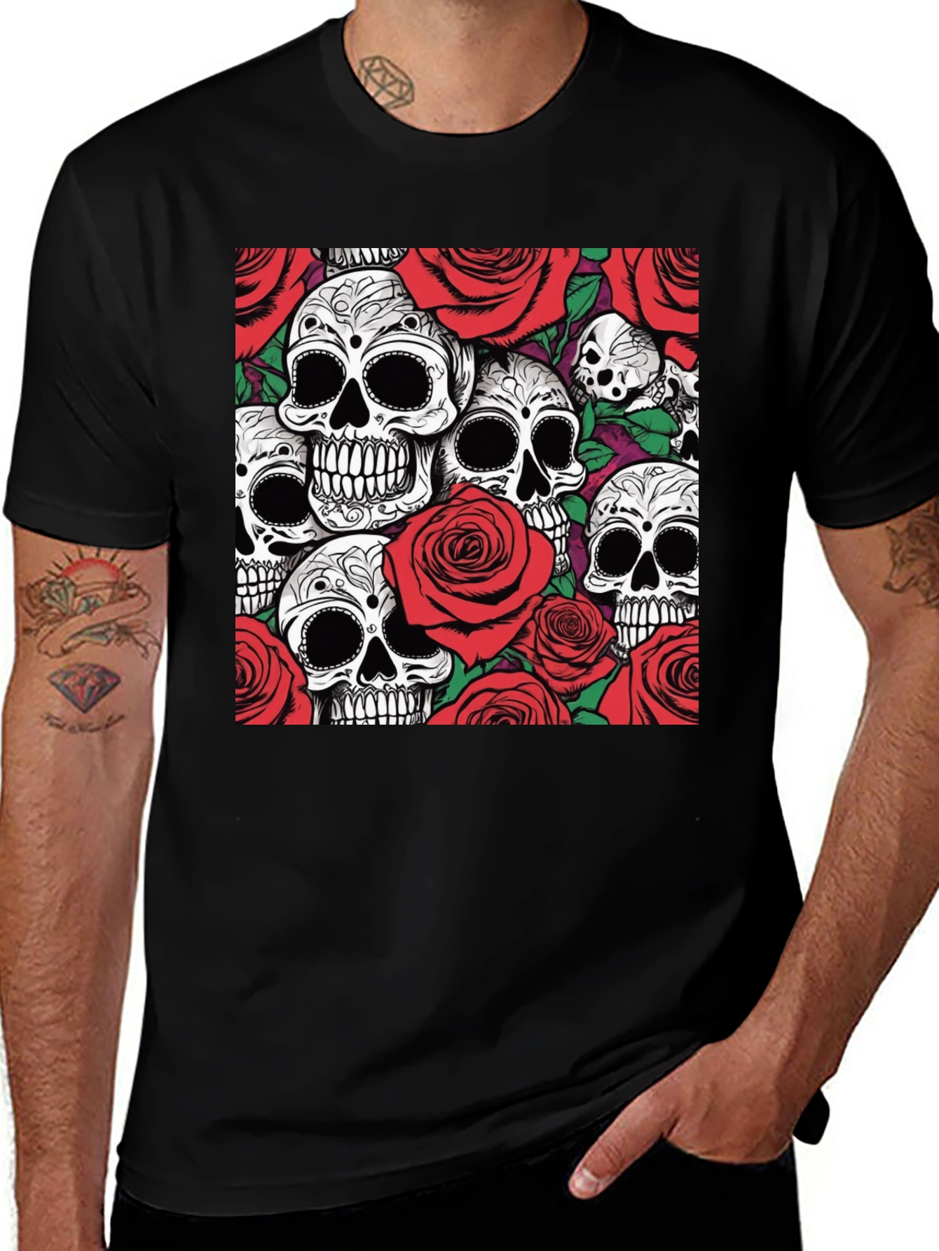Variant 14 of Skulls & Roses Graphic Tee - Unique Dark Style