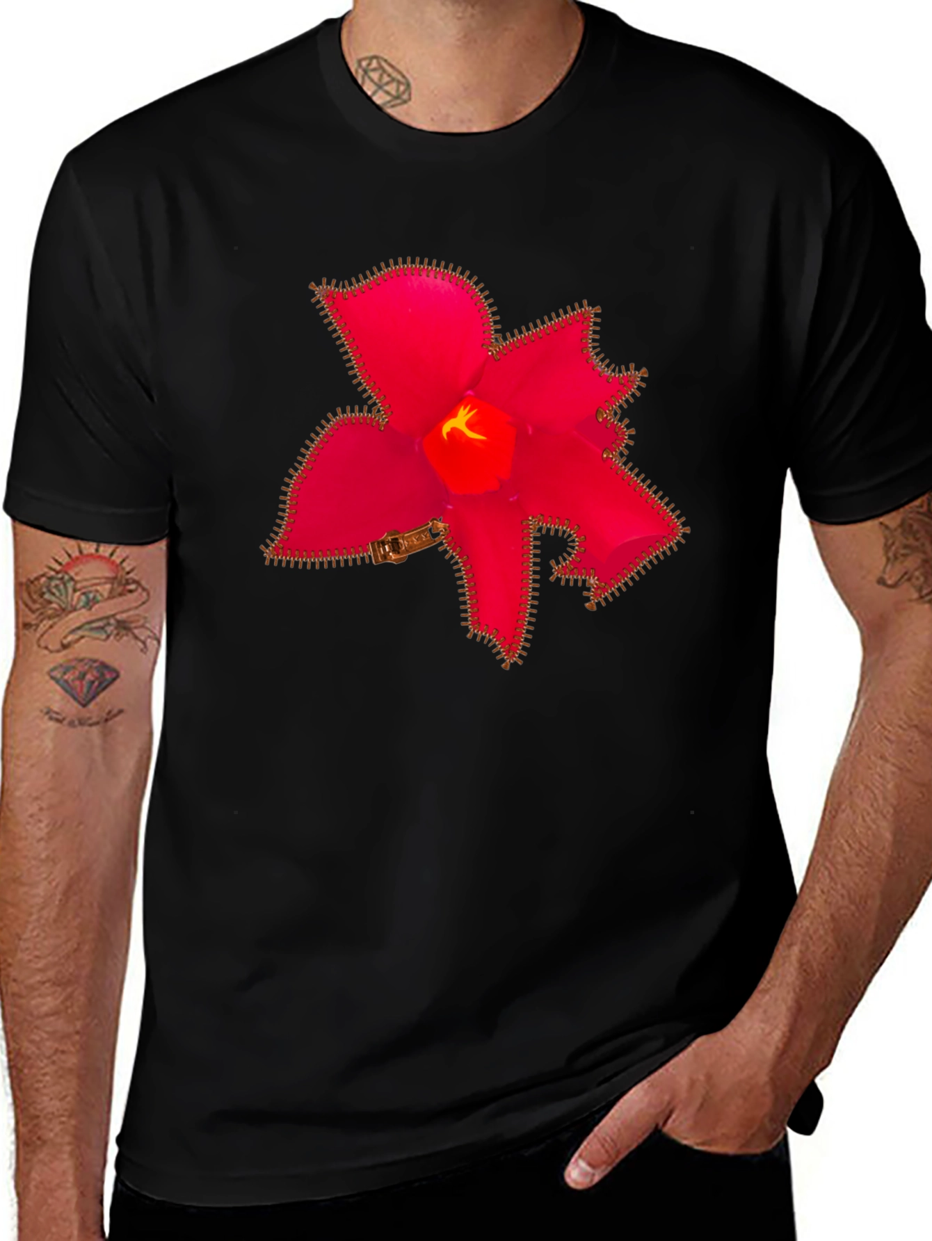 Red Flower Zipper Black T-Shirt
