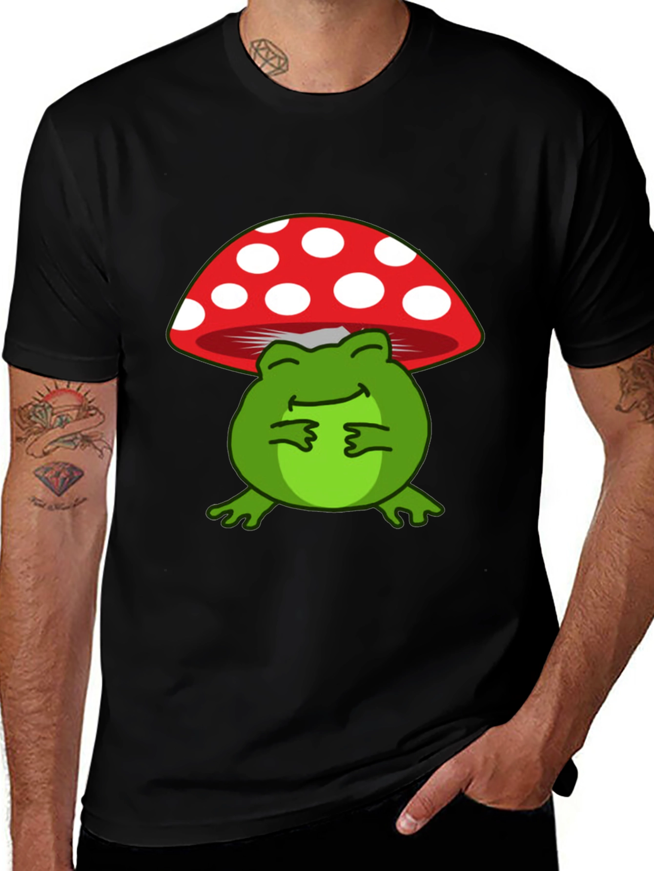 Frog Under Mushroom T-Shirt - Black Cotton Tee