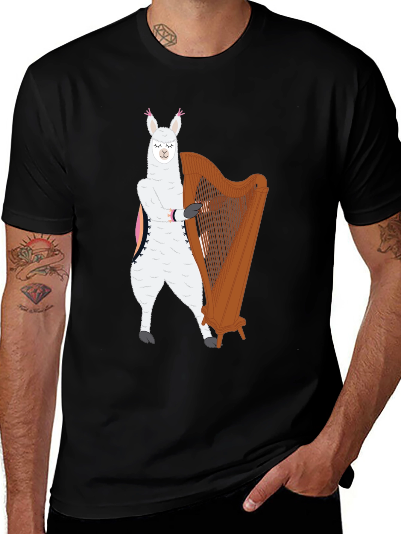 Variant 12 of Llama Playing Harp Graphic Tee - Black T-Shirt