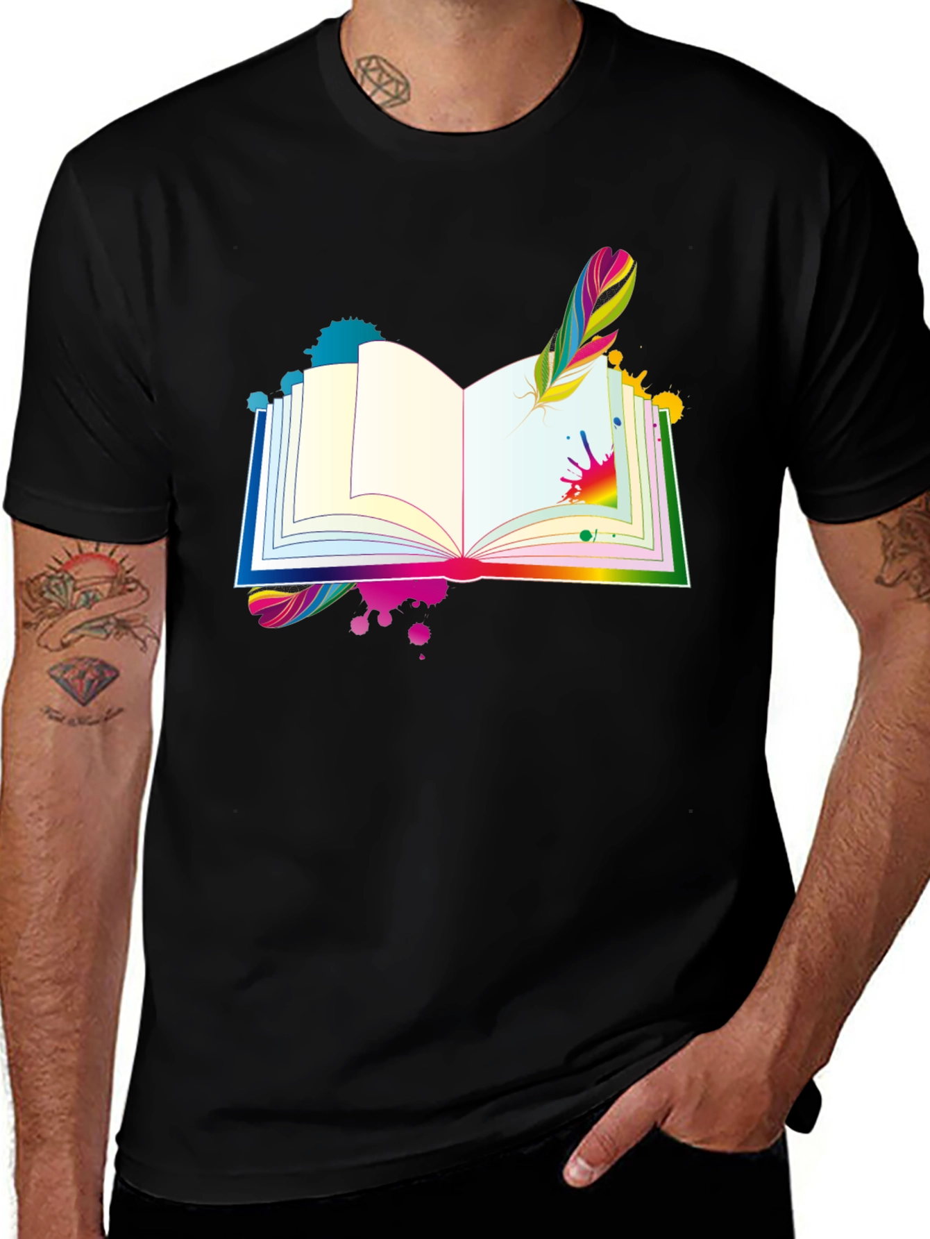 Variant 4 of Artistic Bookworm T-Shirt - Colorful Feather & Ink Design