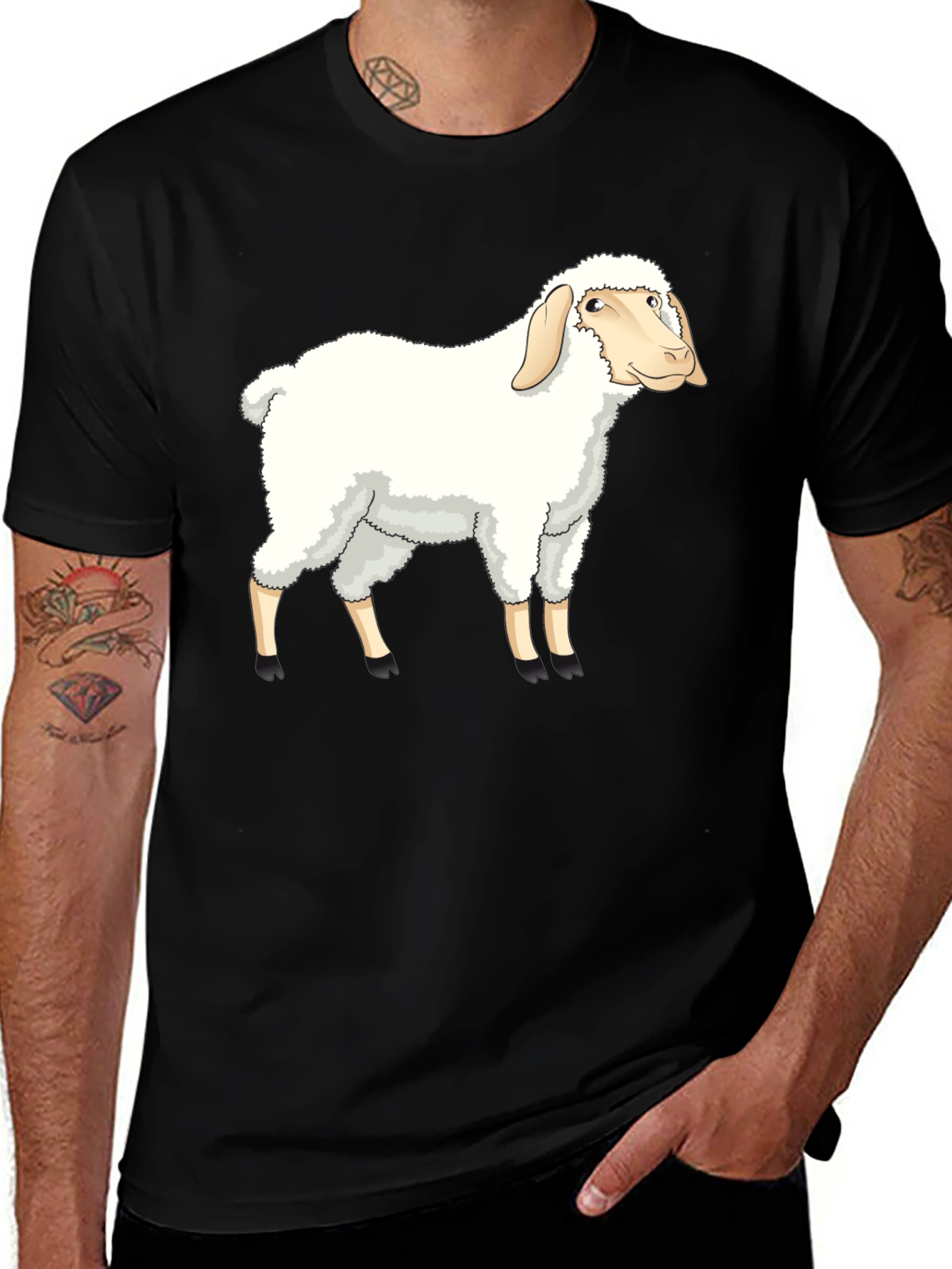 Variant 19 of Cartoon Sheep Graphic Tee - Black Cotton T-Shirt