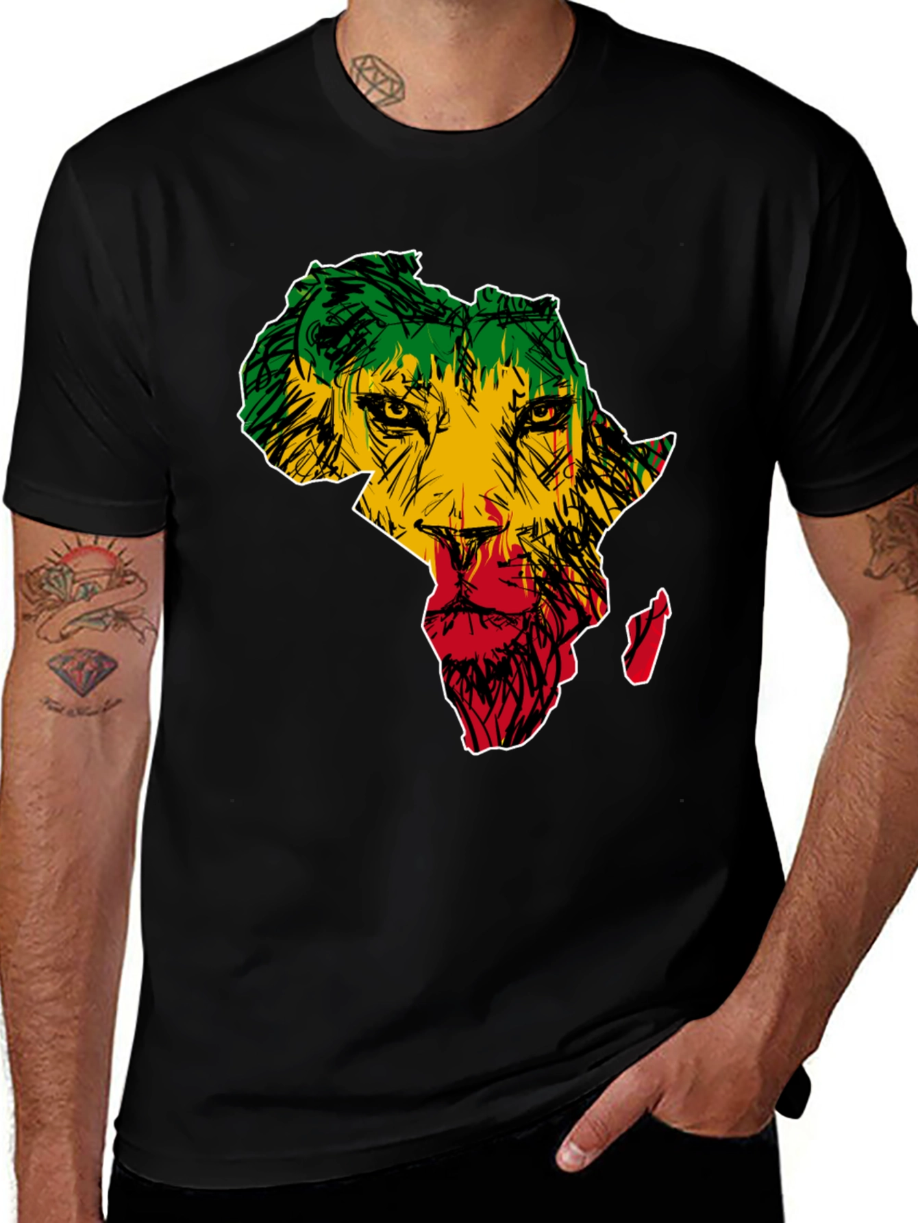 Black Africa Lion Print T-Shirt - Men's Black Tee main image