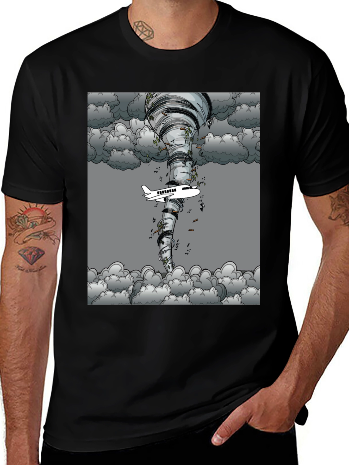 Variant 6 of Tornado Plane Graphic Tee - Stylish Men's Black T-Shirt