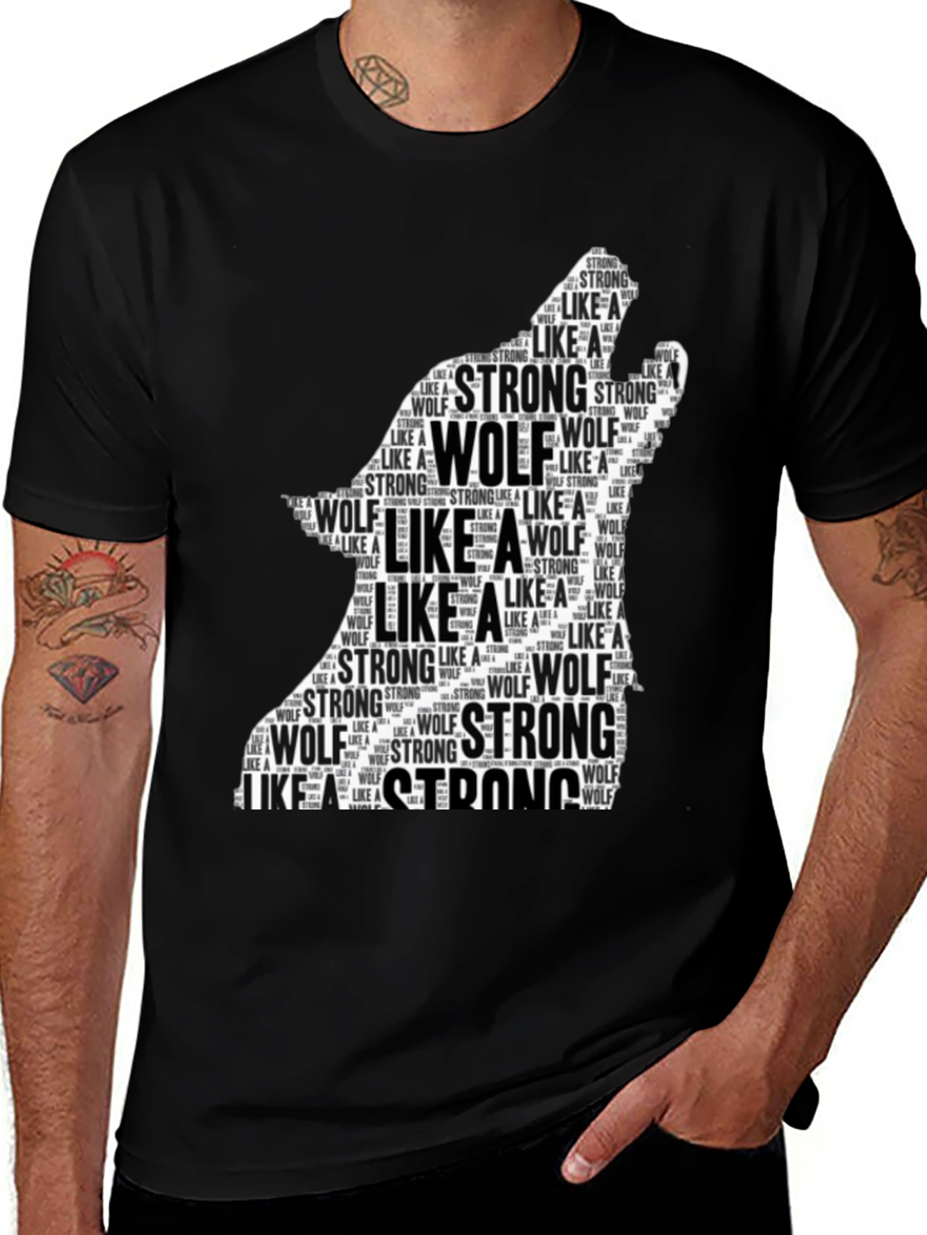 Black Wolf Silhouette Word Art T-Shirt - Strong Like a Wolf Tee main image