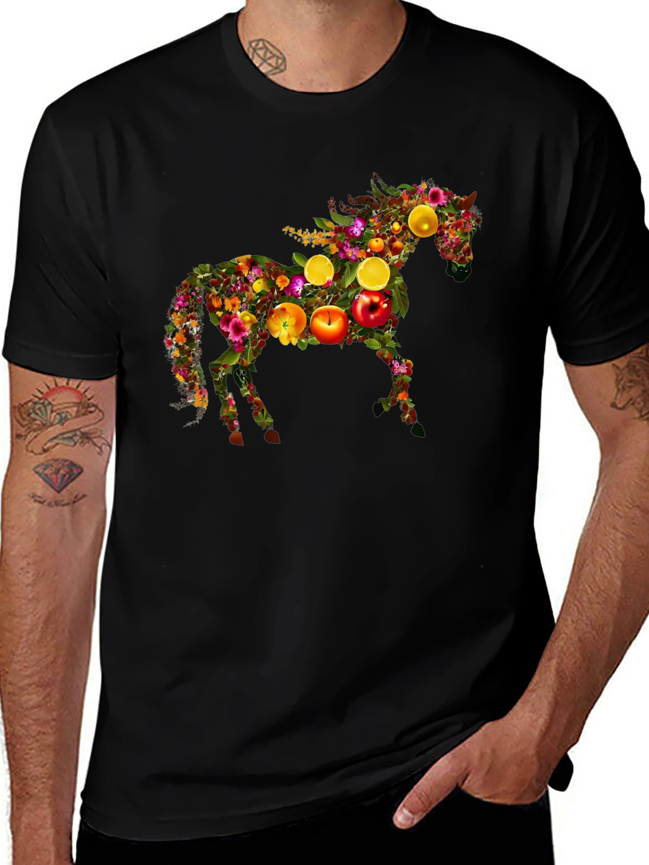Variant 3 of Floral Fruit Horse Graphic Tee - Stylish Men's Black T-Shirt