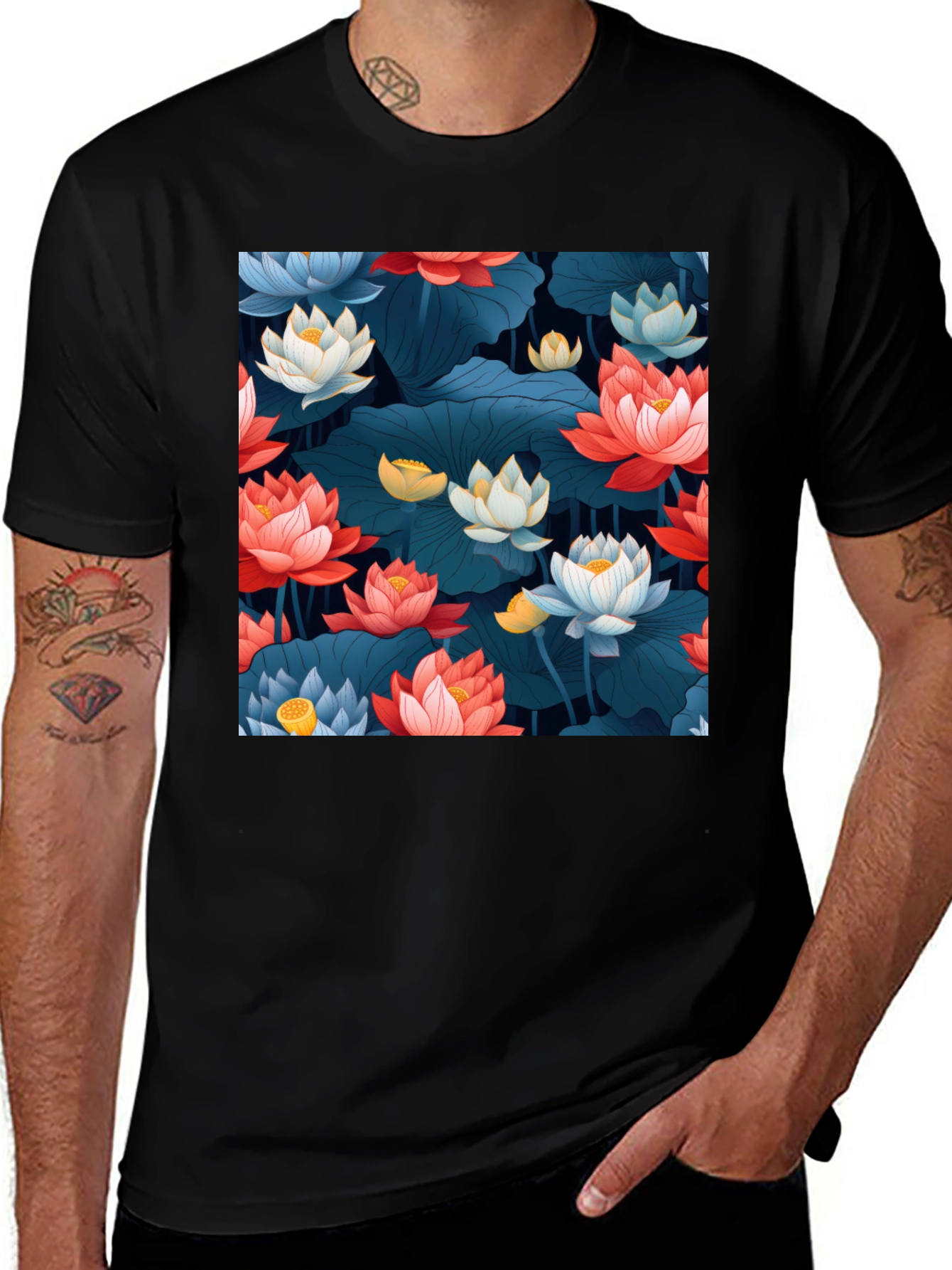 Variant 6 of Lotus Floral Graphic Print Black T-Shirt