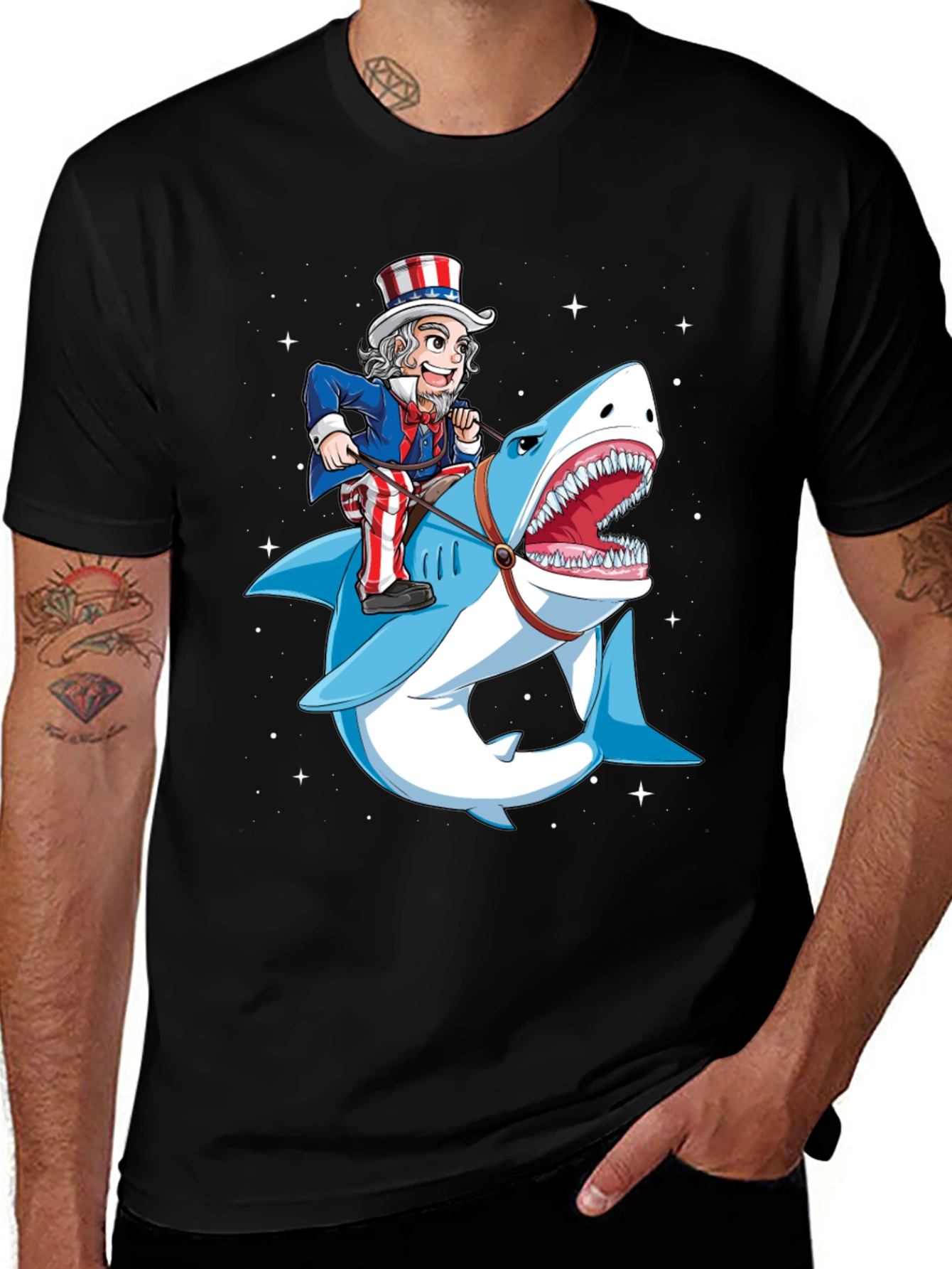 Variant 21 of Uncle Sam Riding Shark Graphic T-Shirt