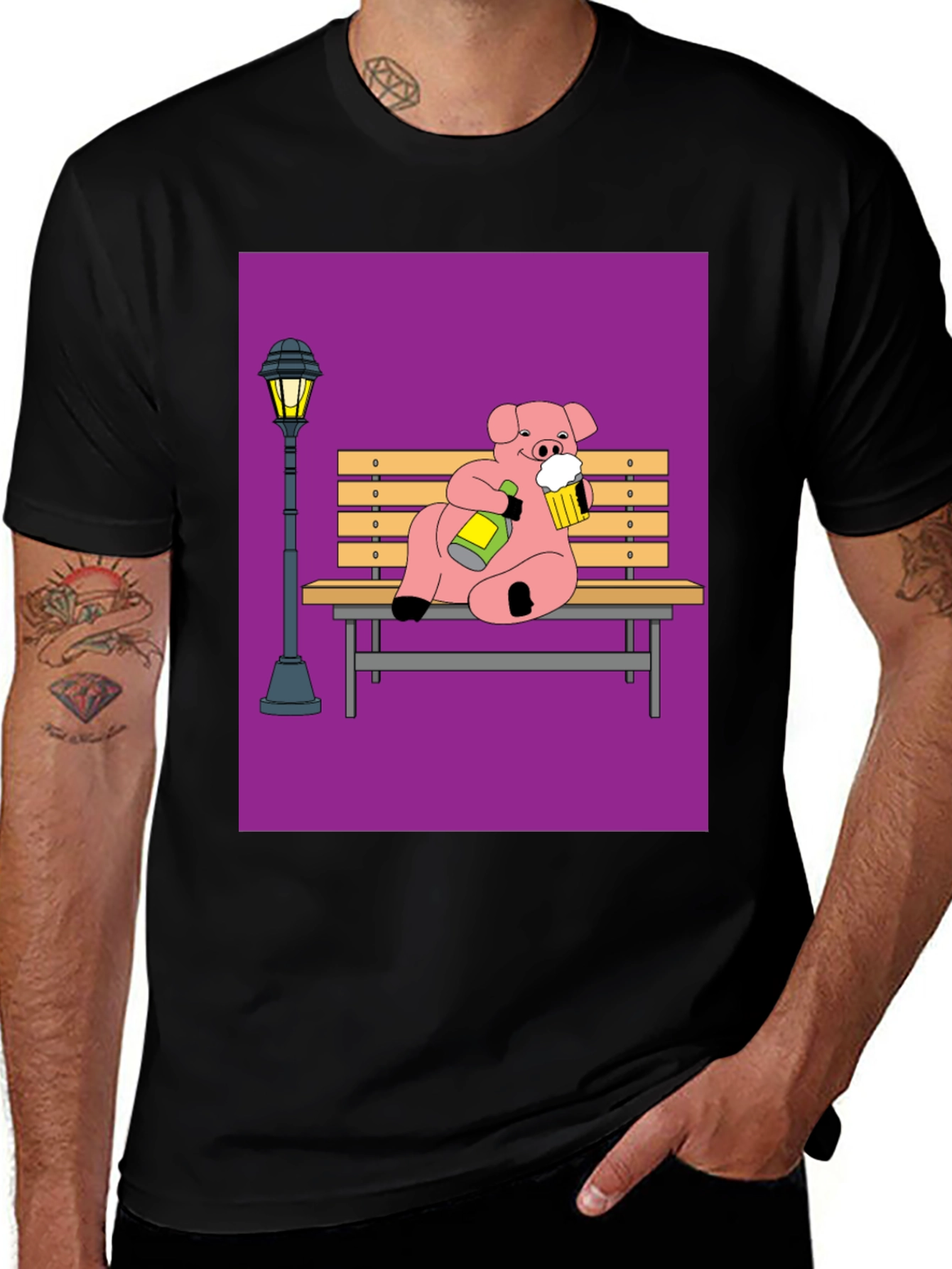 Variant 14 of Pig Drinking Beer on Bench Graphic Tee