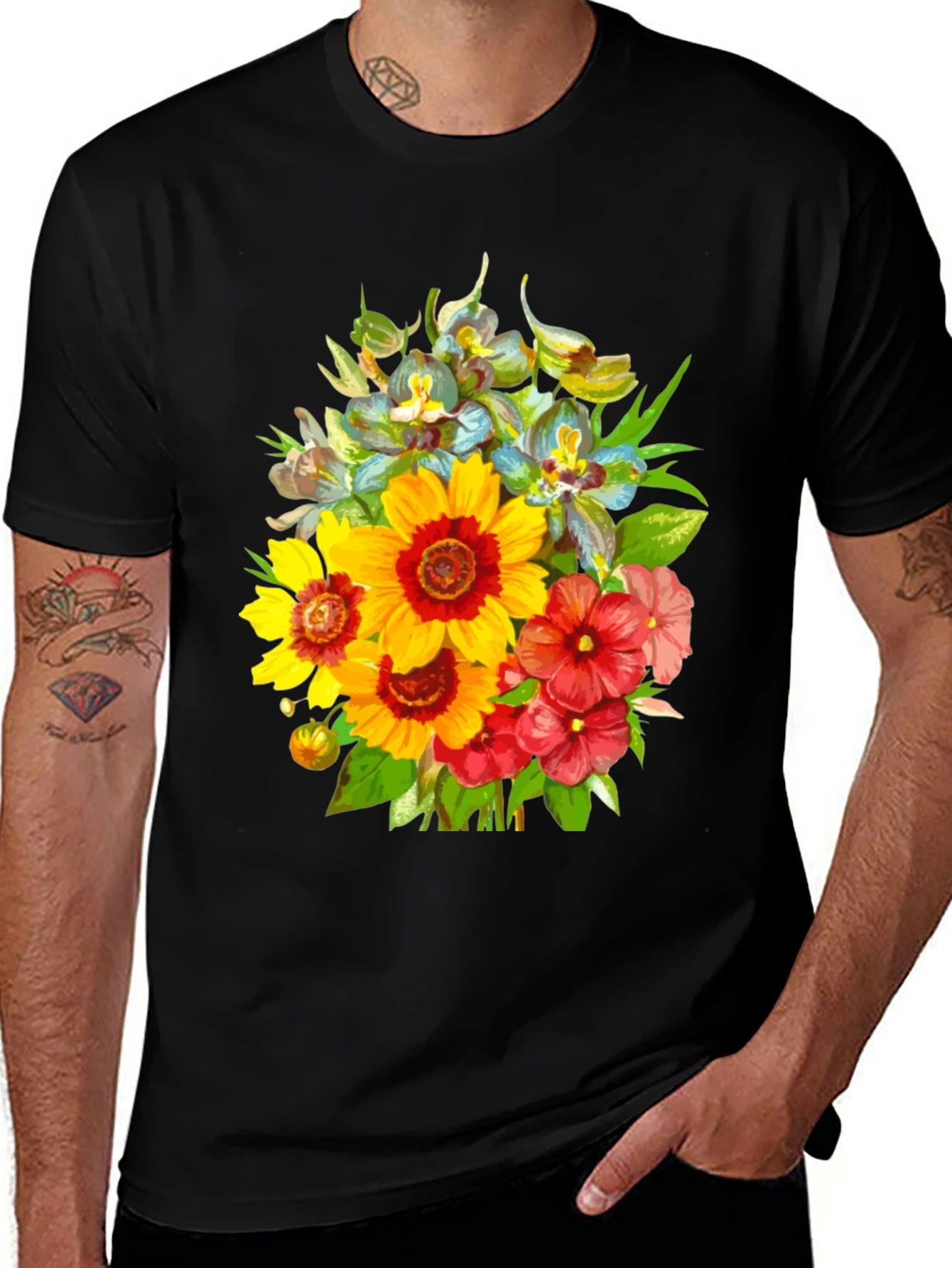 Variant 25 of Floral Bouquet Graphic Print Black T-Shirt