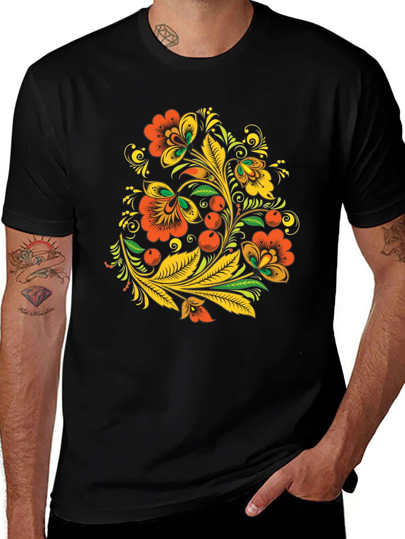 Variant 5 of Floral Folk Art Print Black T-Shirt