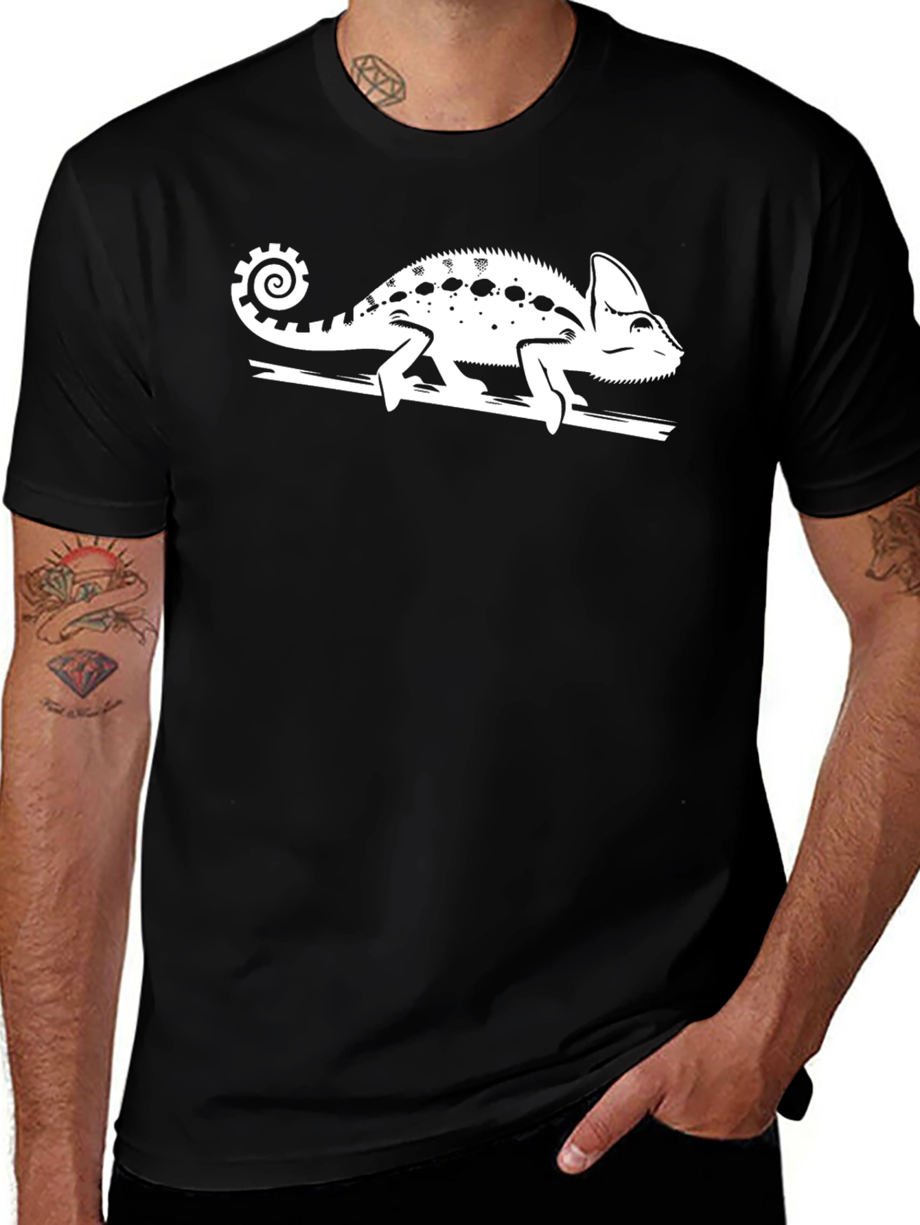 Variant 18 of Black T-Shirt with White Chameleon Graphic