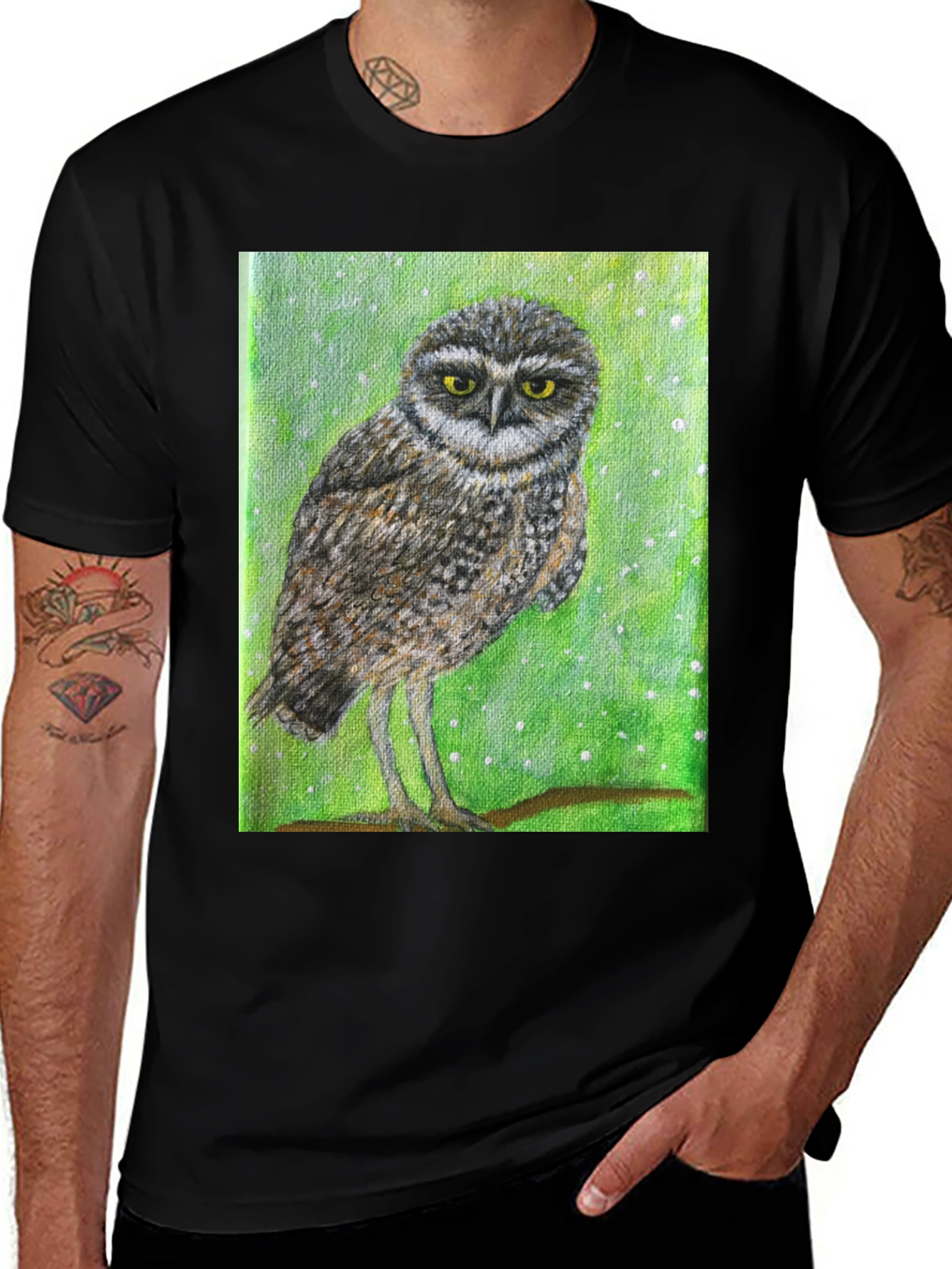 Variant 30 of Owl Print Black T-Shirt - Unique Nature Design