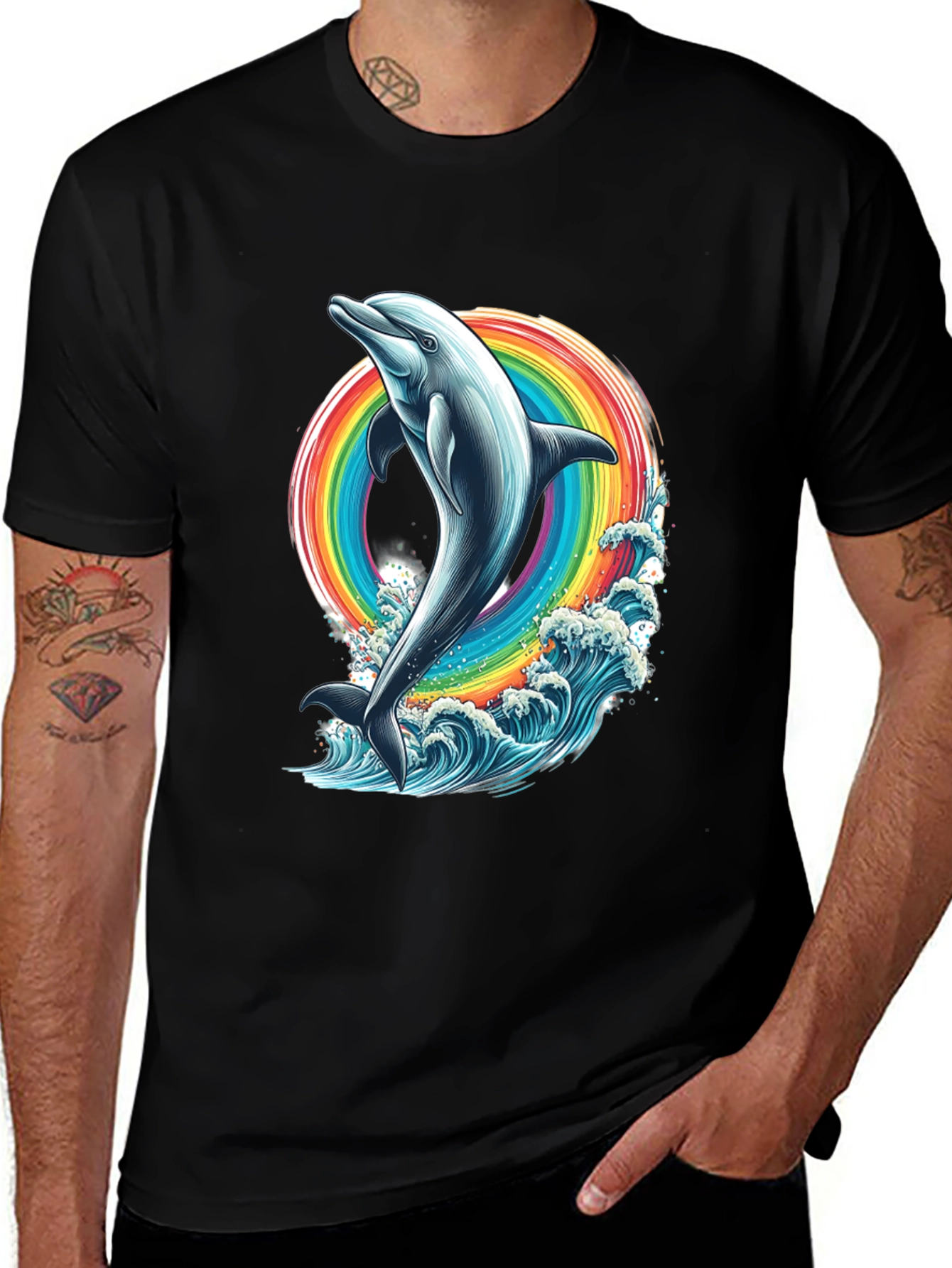 Variant 28 of Dolphin Rainbow Graphic Tee - Black Cotton T-Shirt