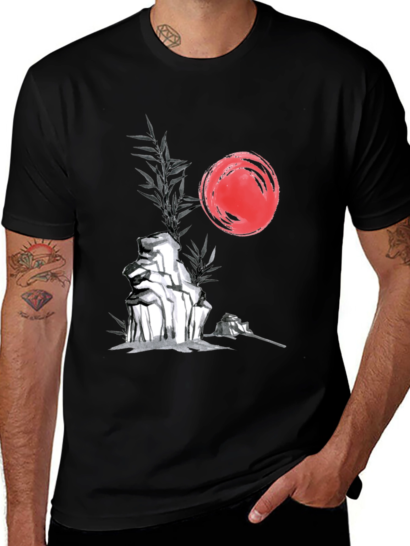 Variant 11 of Zen Garden T-Shirt: Red Sun, Rocks, Bamboo