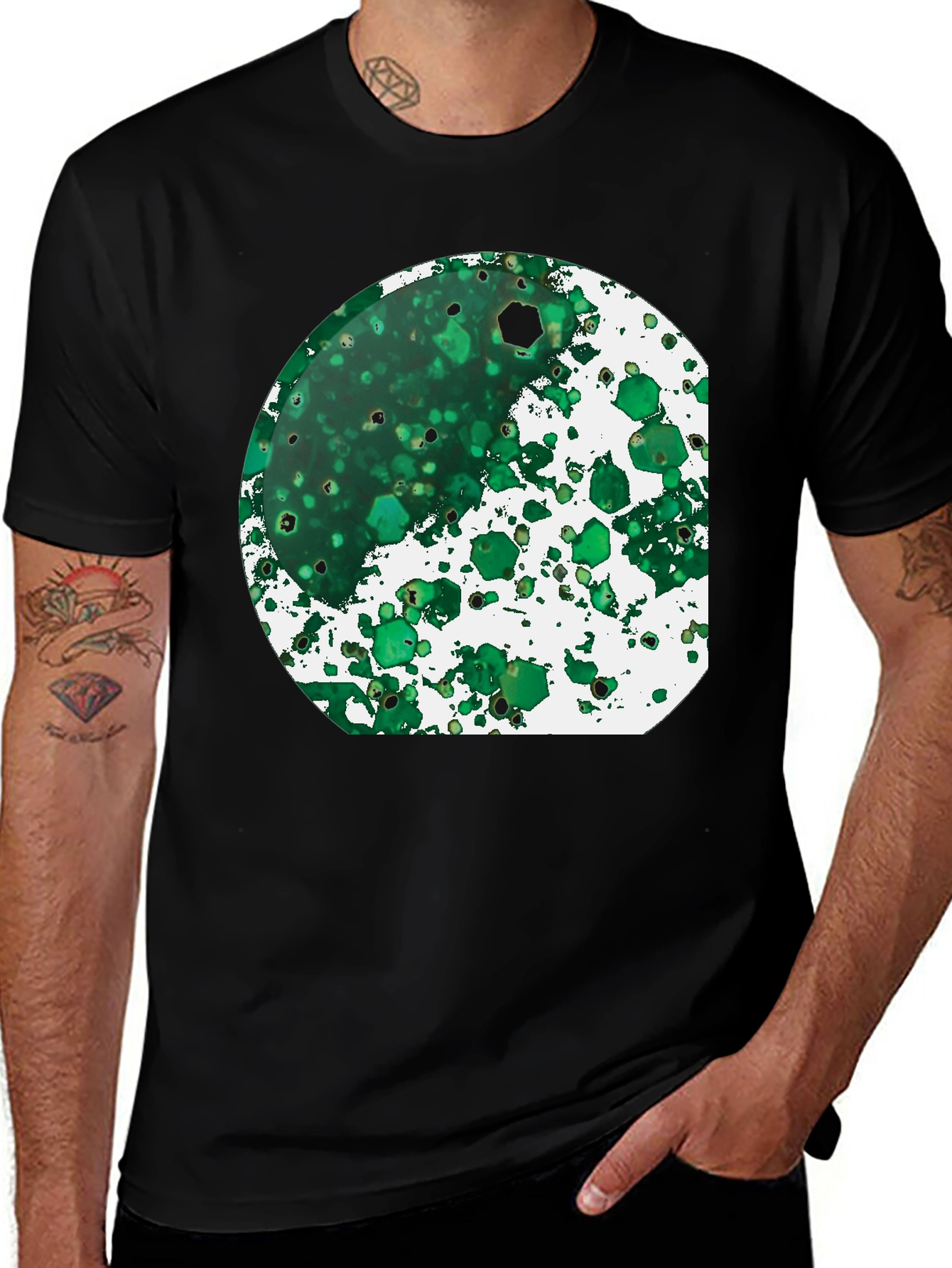 Green Abstract Art Print Black T-Shirt