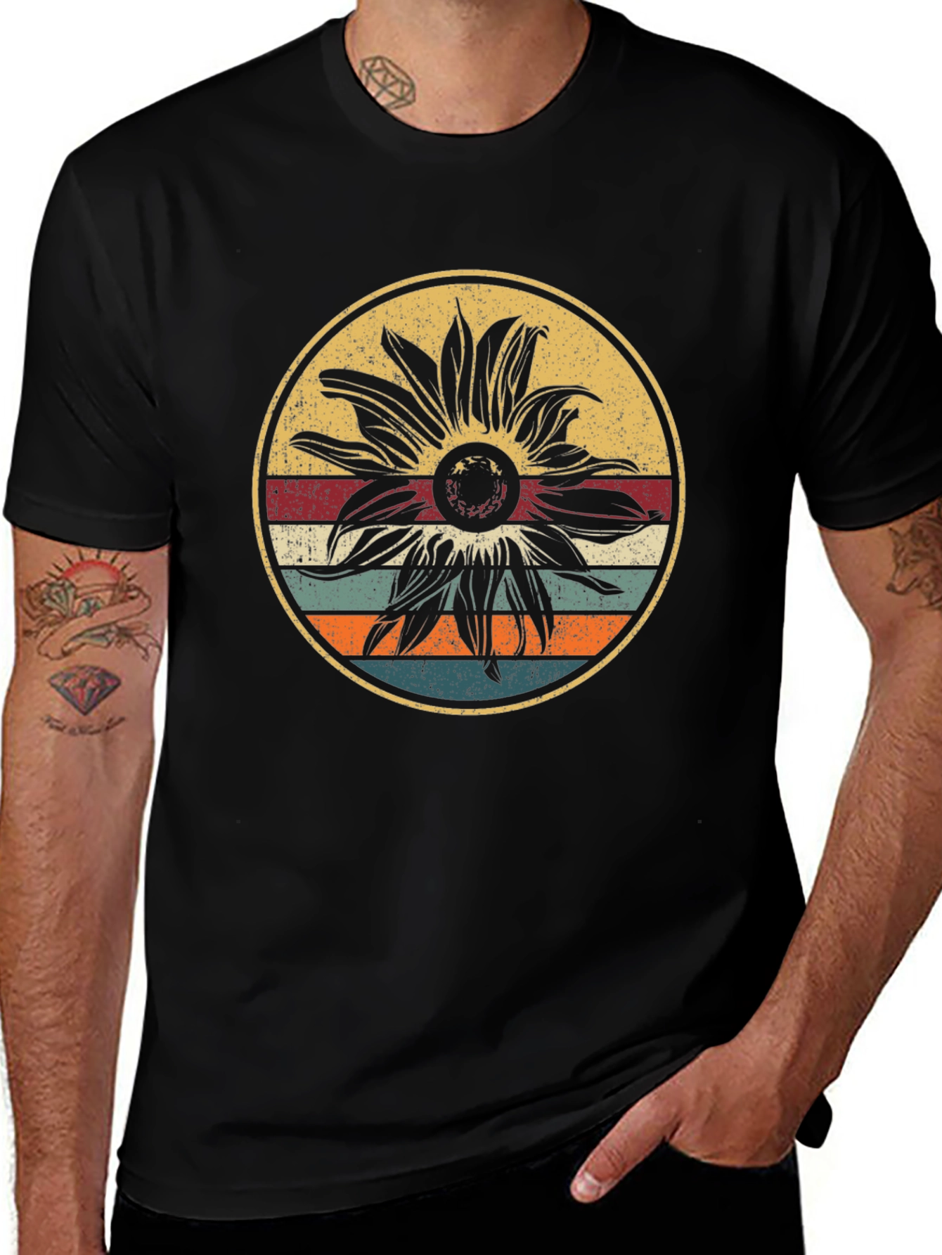 Variant 12 of Retro Sunflower Graphic Tee - Black Cotton Blend