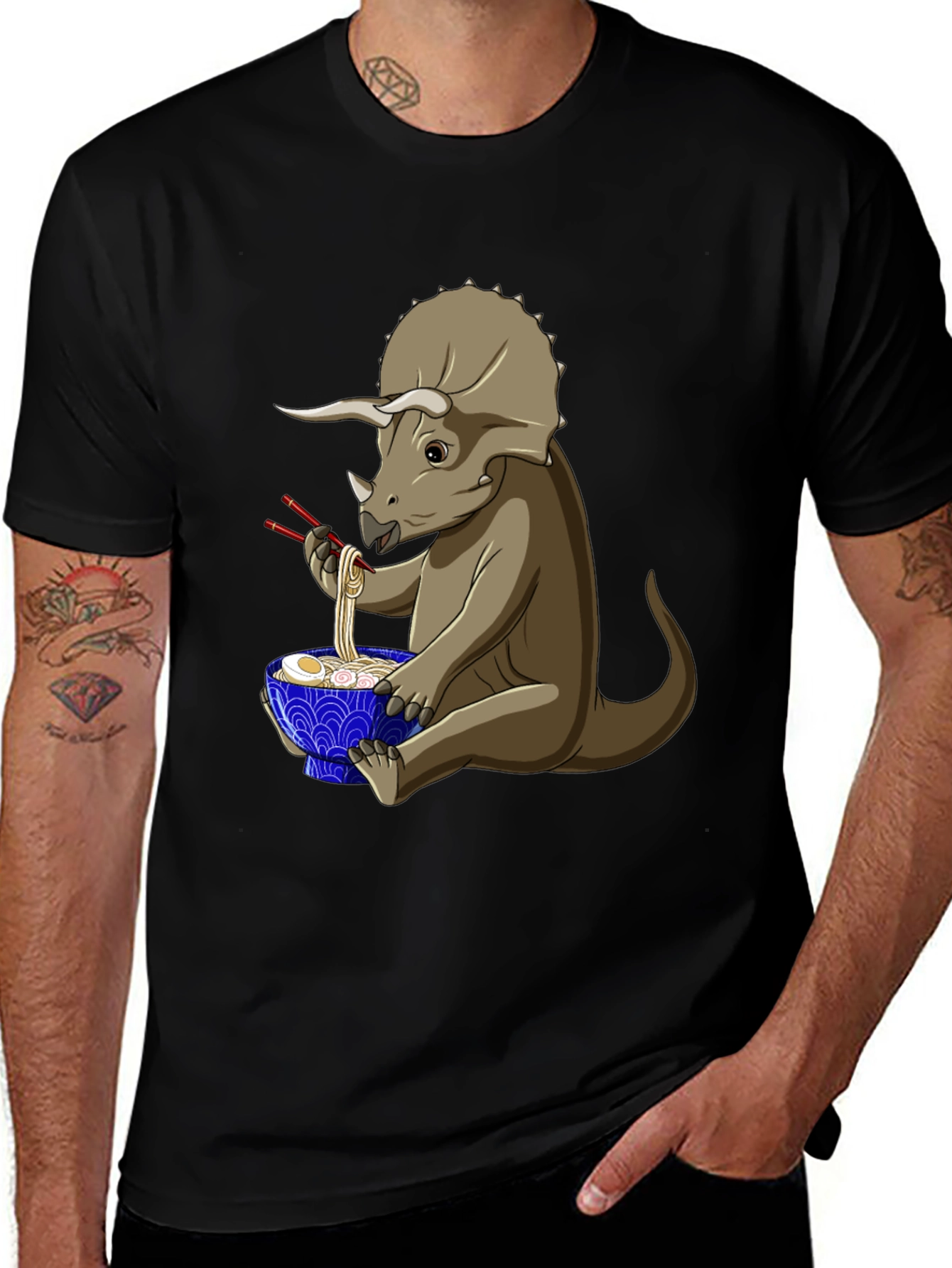 Dino Ramen T-Shirt - Triceratops Eating Noodles