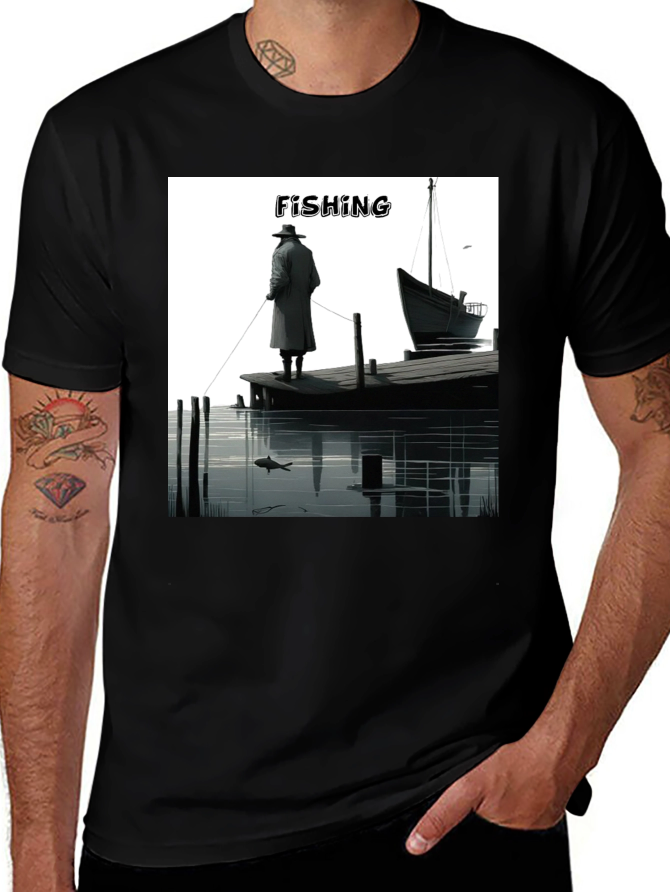 Variant 24 of Fishing Graphic Tee - Men's Black T-Shirt