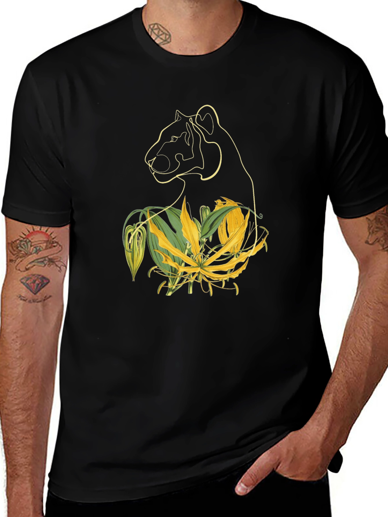 Variant 10 of Black Tee with Line Art Panther and Floral Design