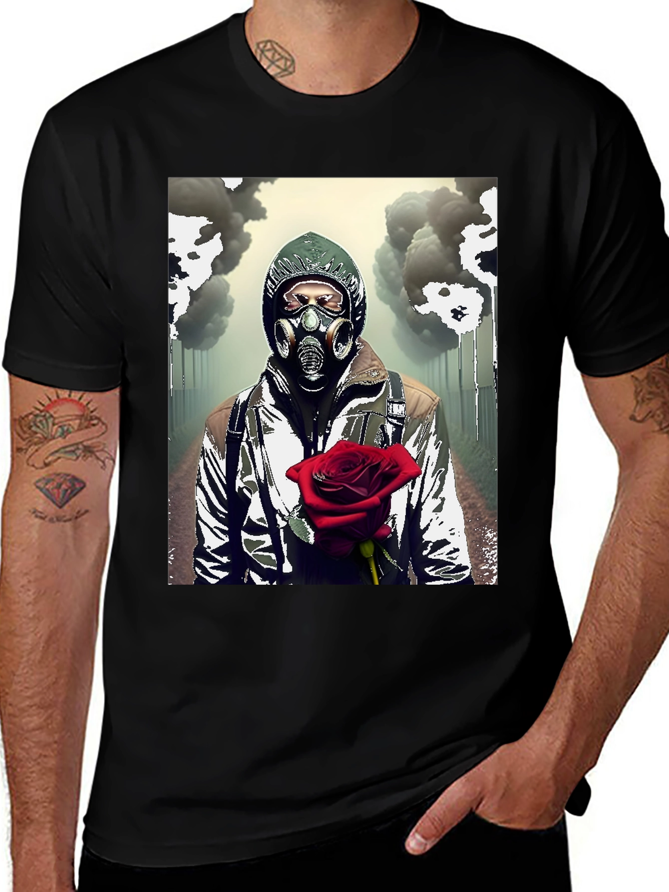 Variant 30 of Dystopian Romance T-Shirt - Gas Mask Rose Graphic Tee