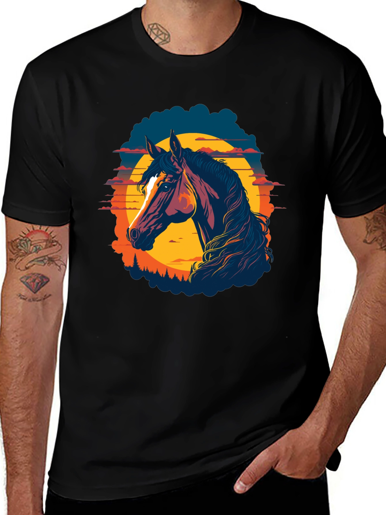 Variant 2 of Horse Sunset Graphic Tee - Black Cotton Blend