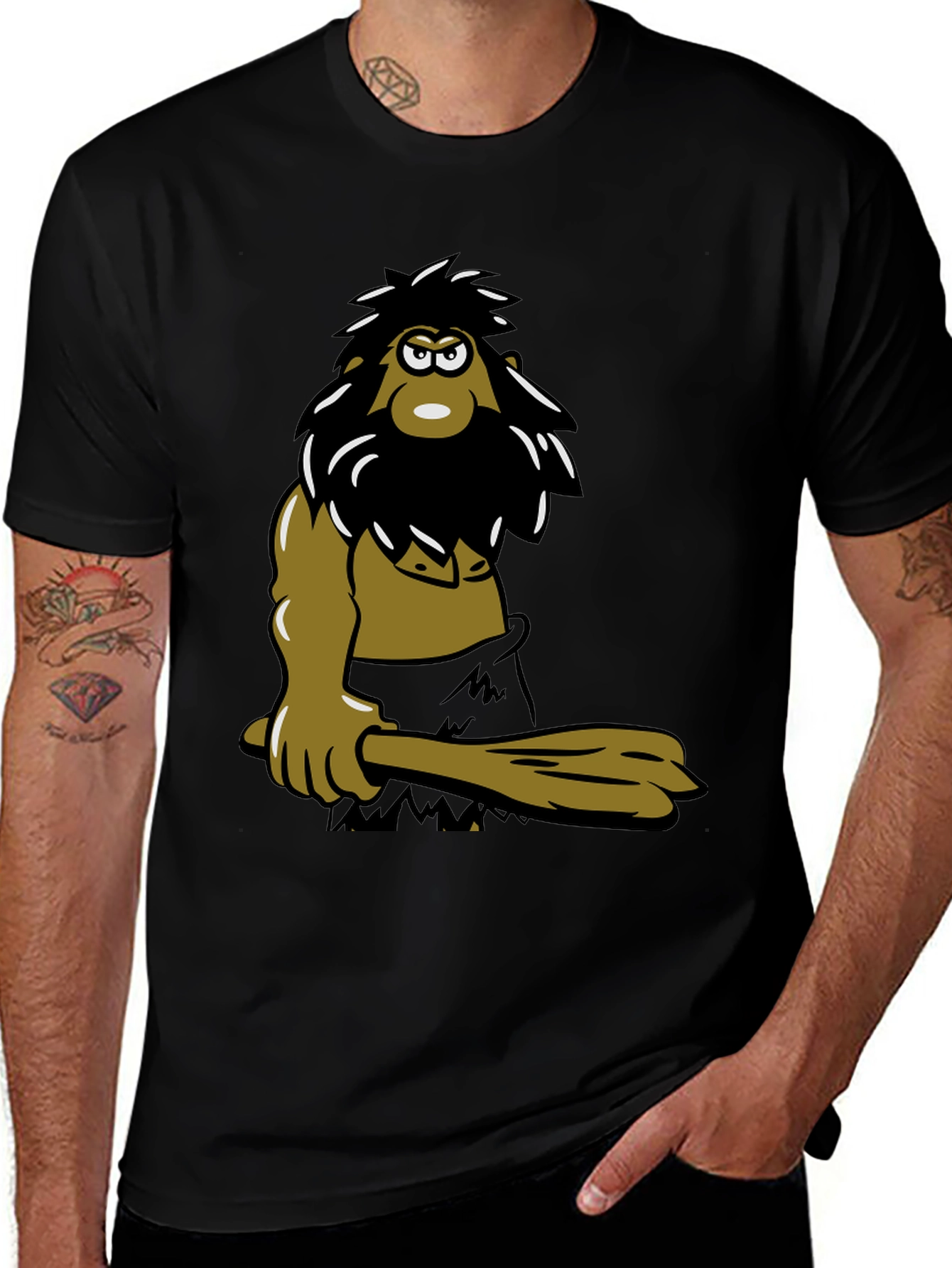 Caveman Cartoon T-Shirt - Black Cotton Tee