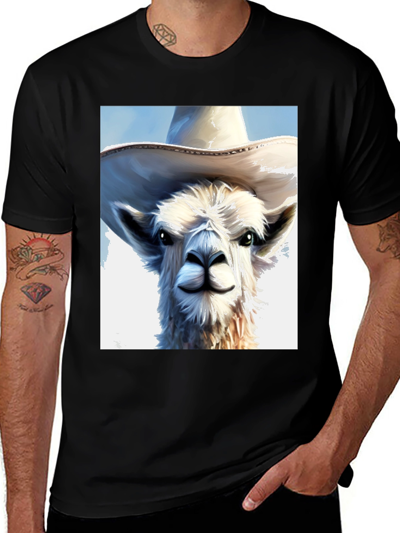 Variant 18 of Llama in a Hat Graphic Tee - Black Cotton Shirt
