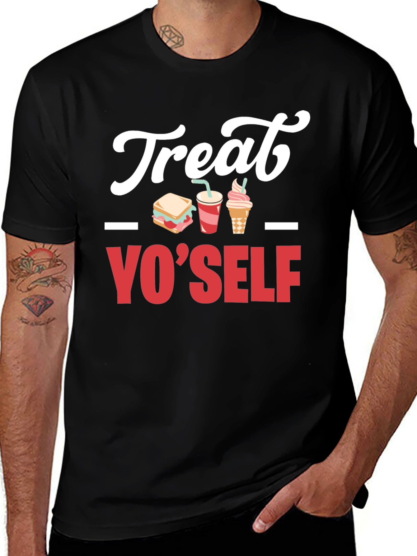 Variant 19 of Treat Yo' Self Graphic T-Shirt - Black Cotton Tee