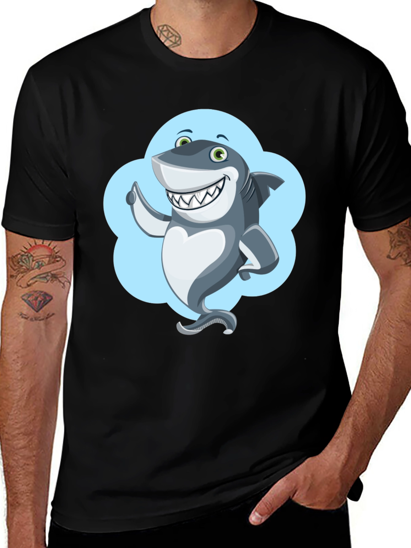 Variant 18 of Cartoon Shark Graphic Tee - Black Cotton T-Shirt
