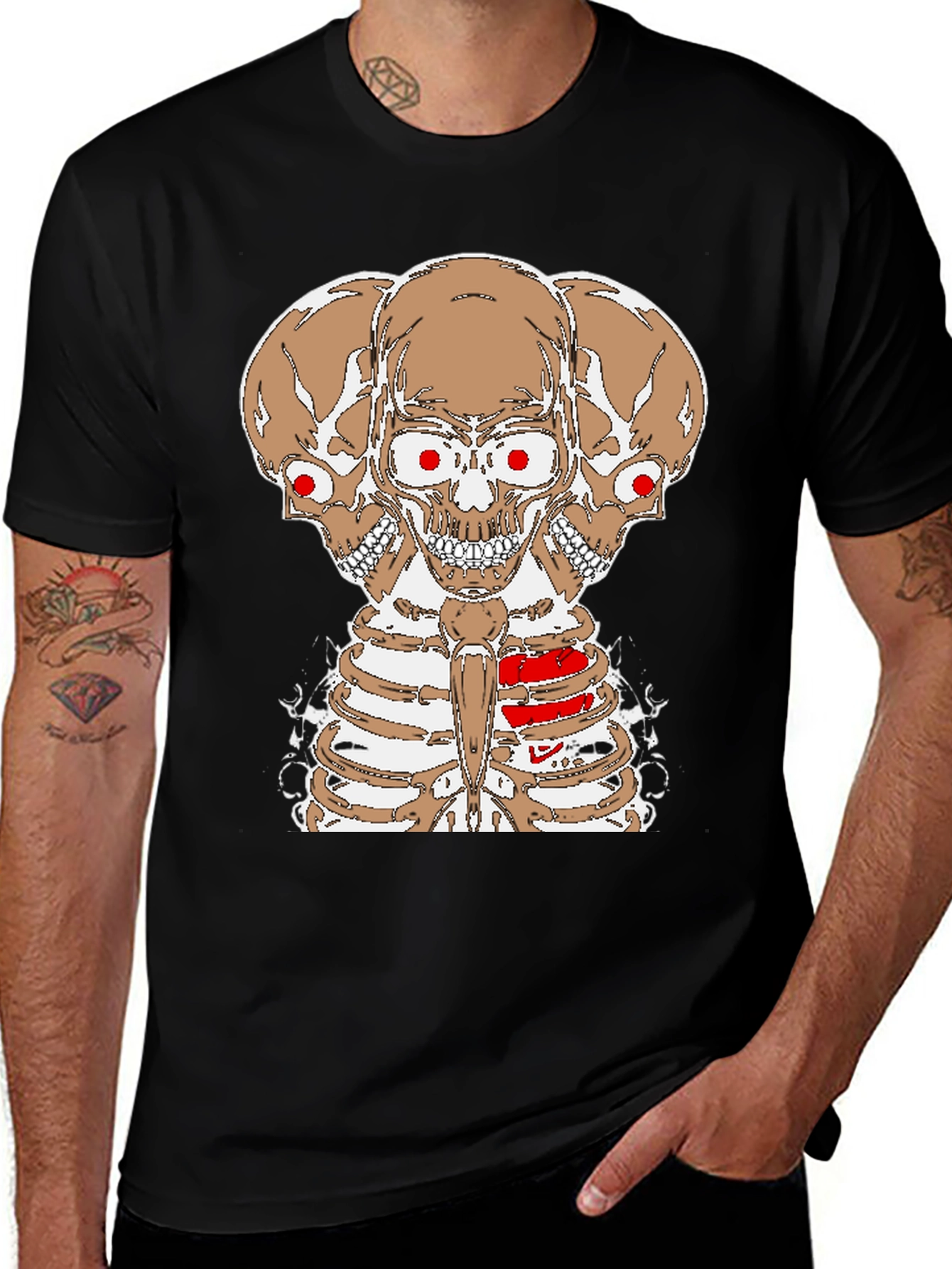Variant 9 of Three Headed Skull Skeleton Graphic Tee