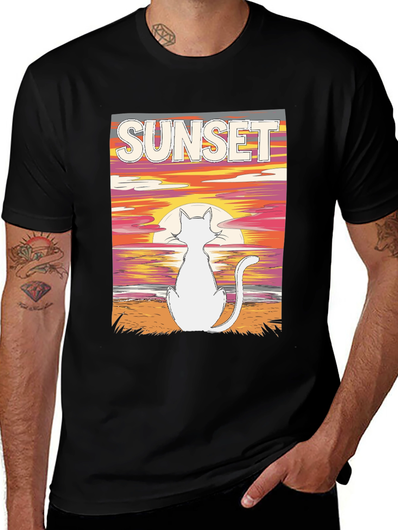 Variant 7 of Sunset Cat Graphic Tee - Black Cotton T-Shirt